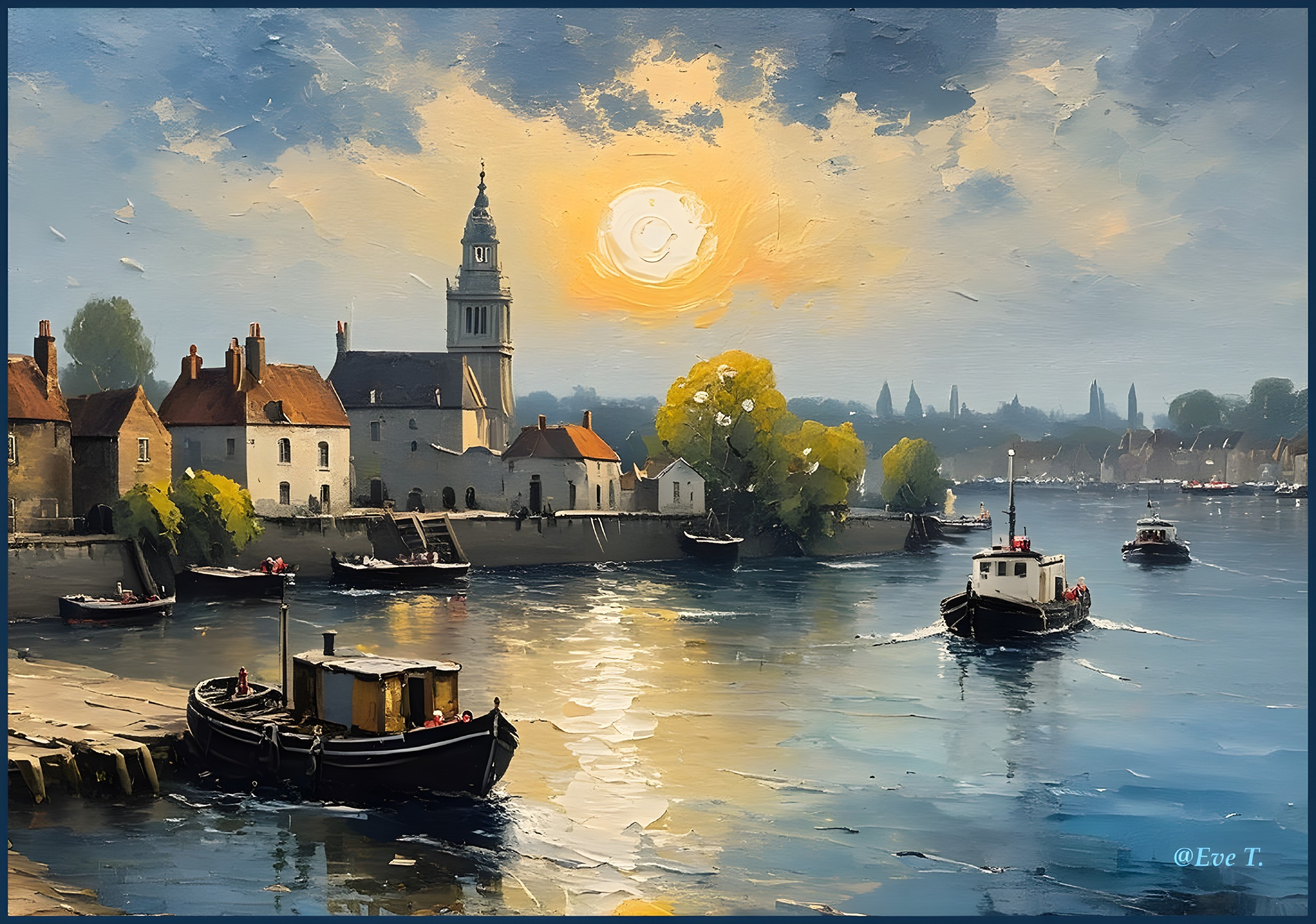 Serene riverside sunset with boats and buildings