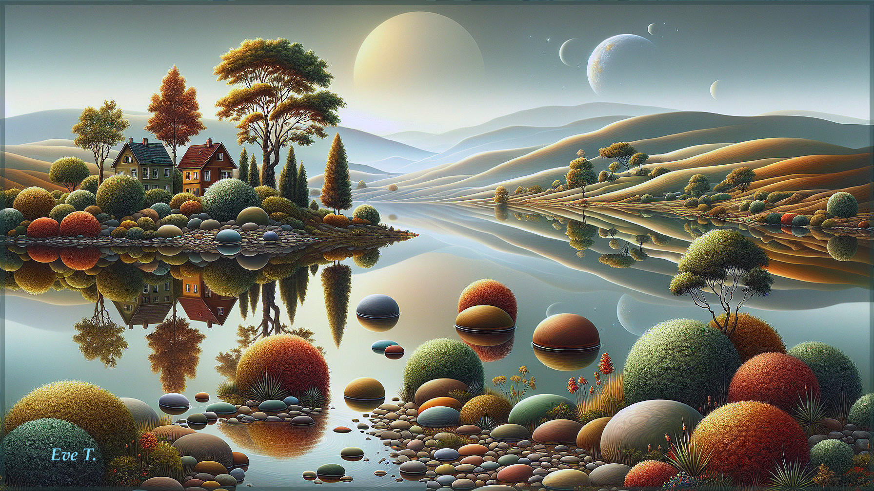 Tranquil Landscape with Lake and Celestial Elements