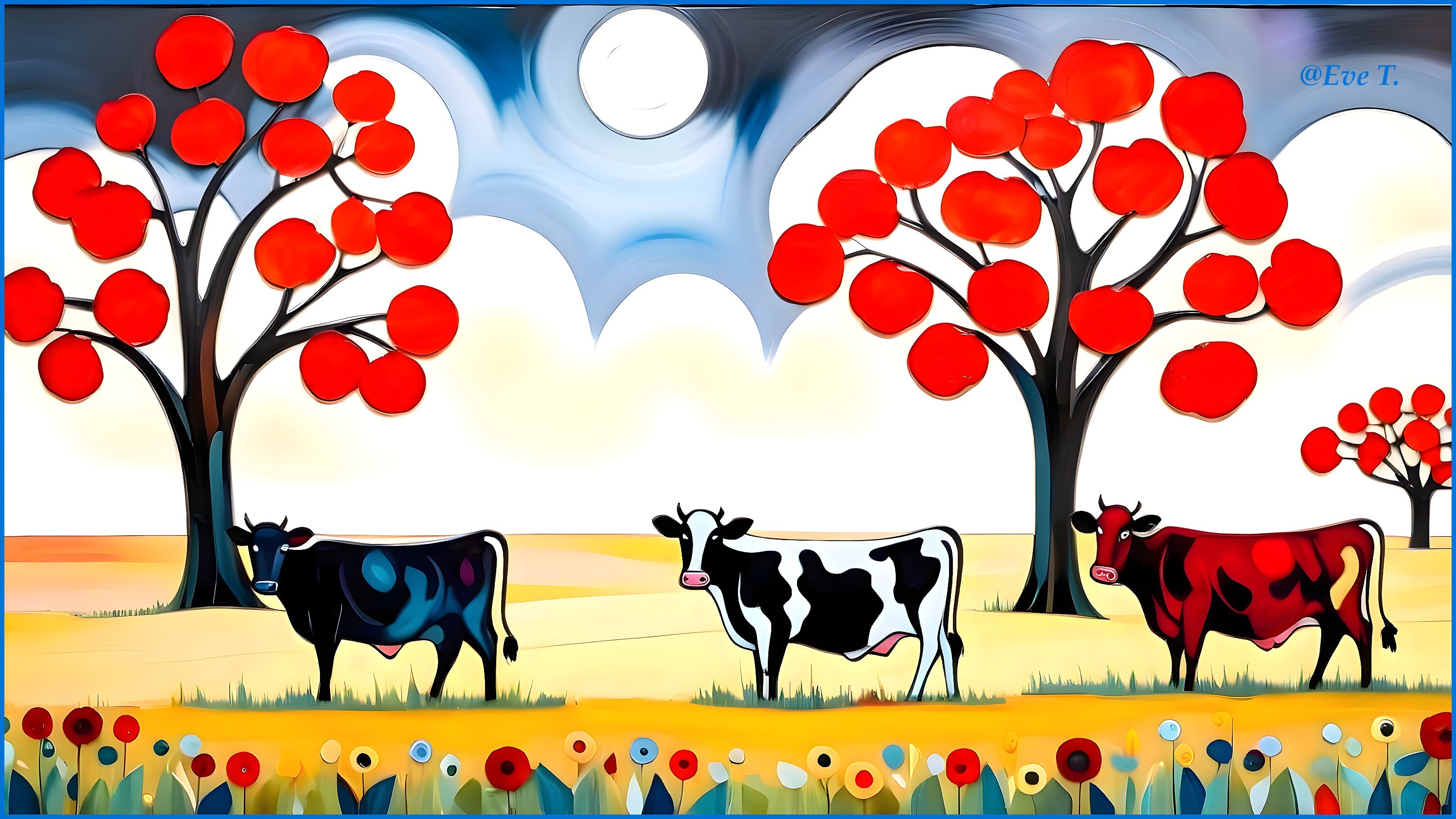 Whimsical Landscape with Colorful Cows and Trees