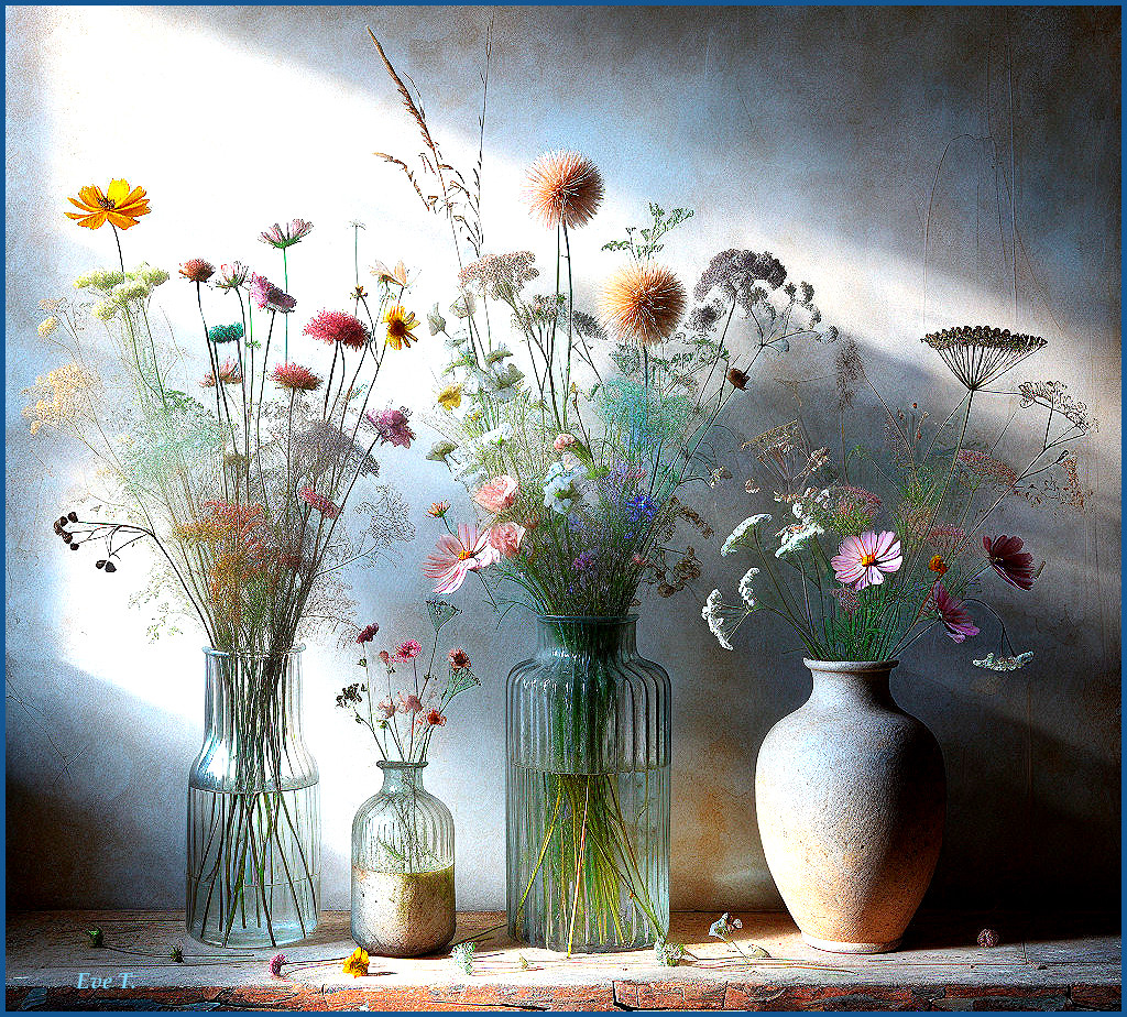 Colorful Wildflowers in Glass and Ceramic Vases