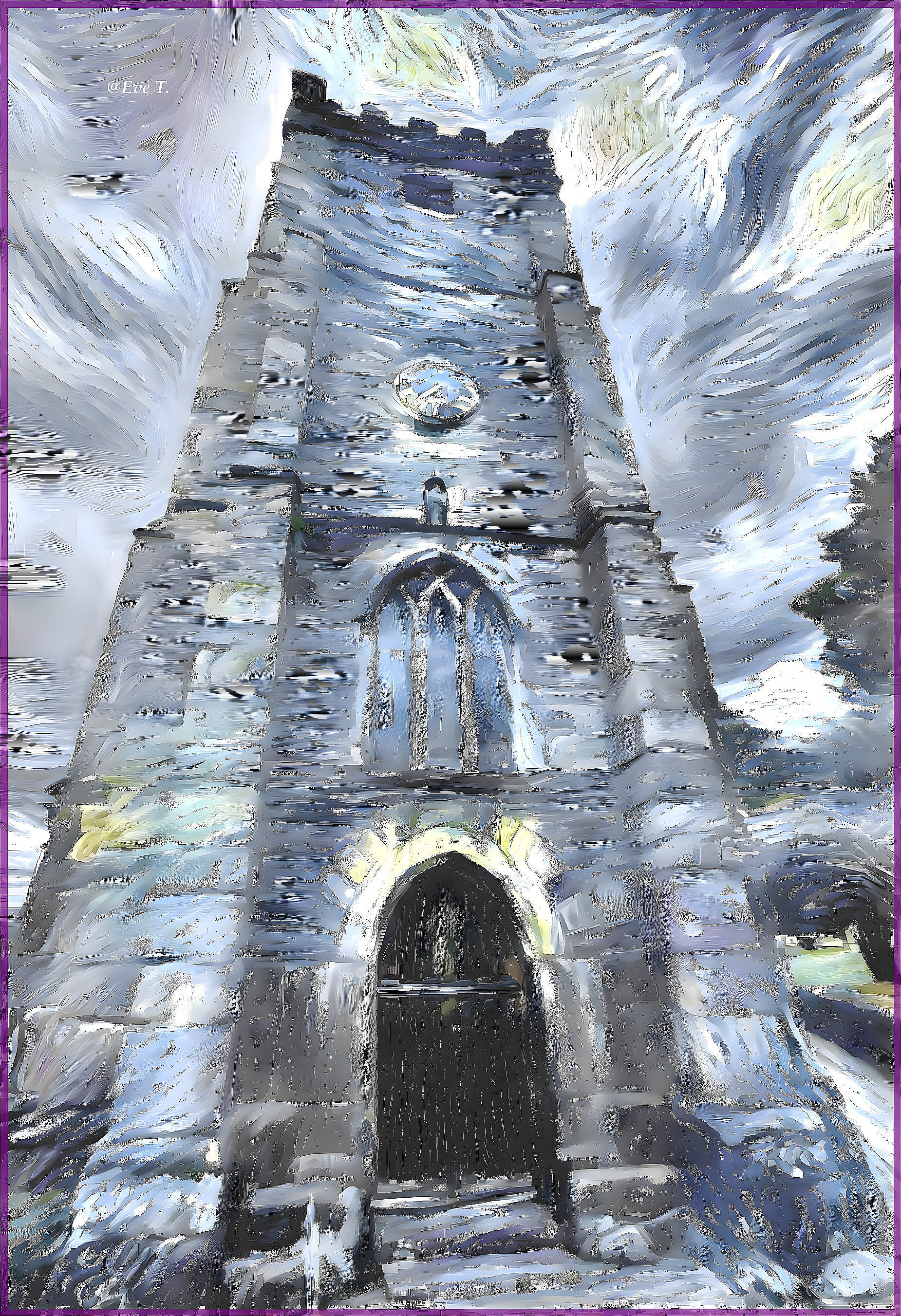 Historical stone tower with clock and stormy skies