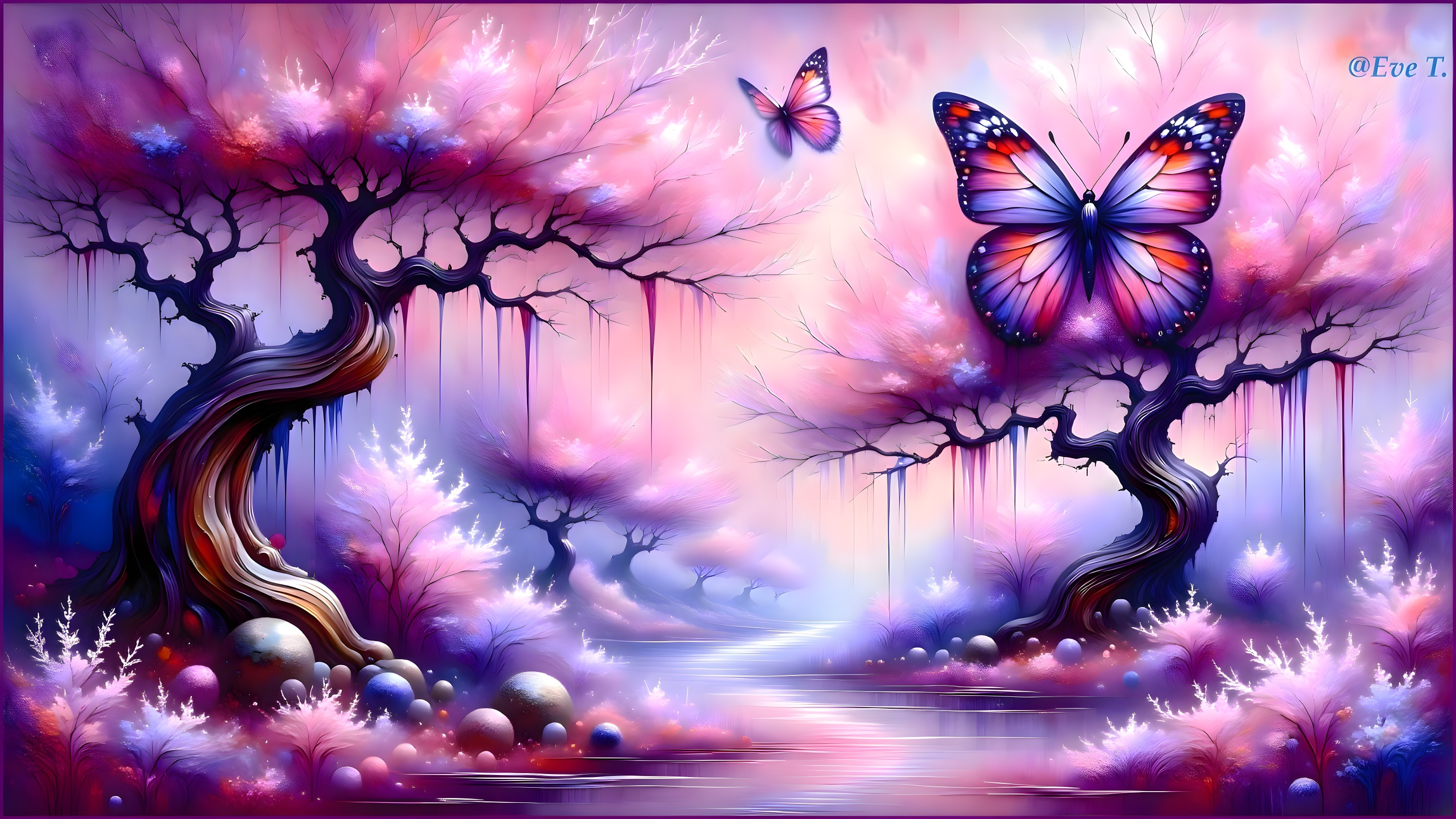 Serene Landscape with Whimsical Trees and Butterfly
