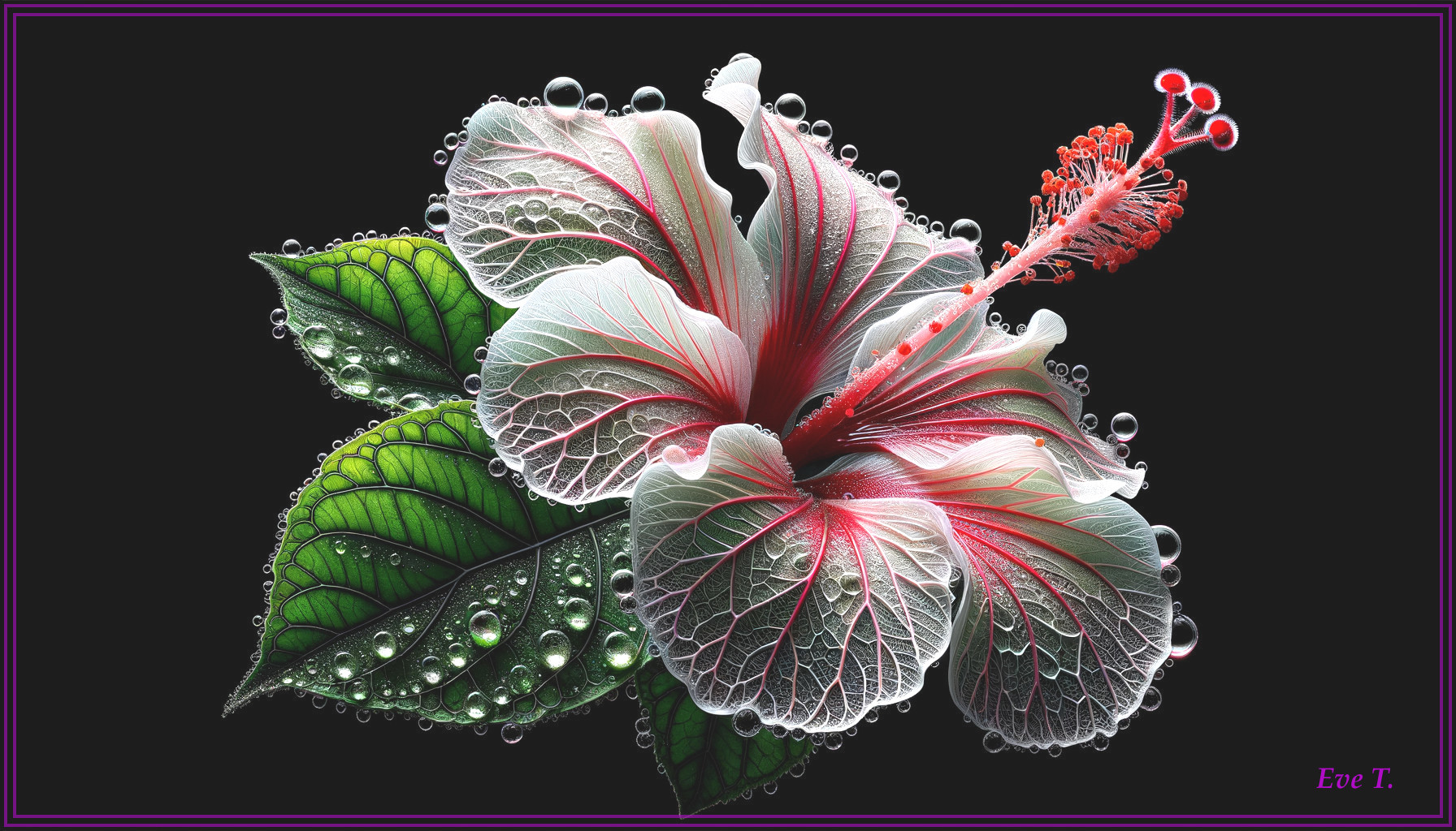 Detailed Hibiscus Flower with Water Droplets and Green Leaves