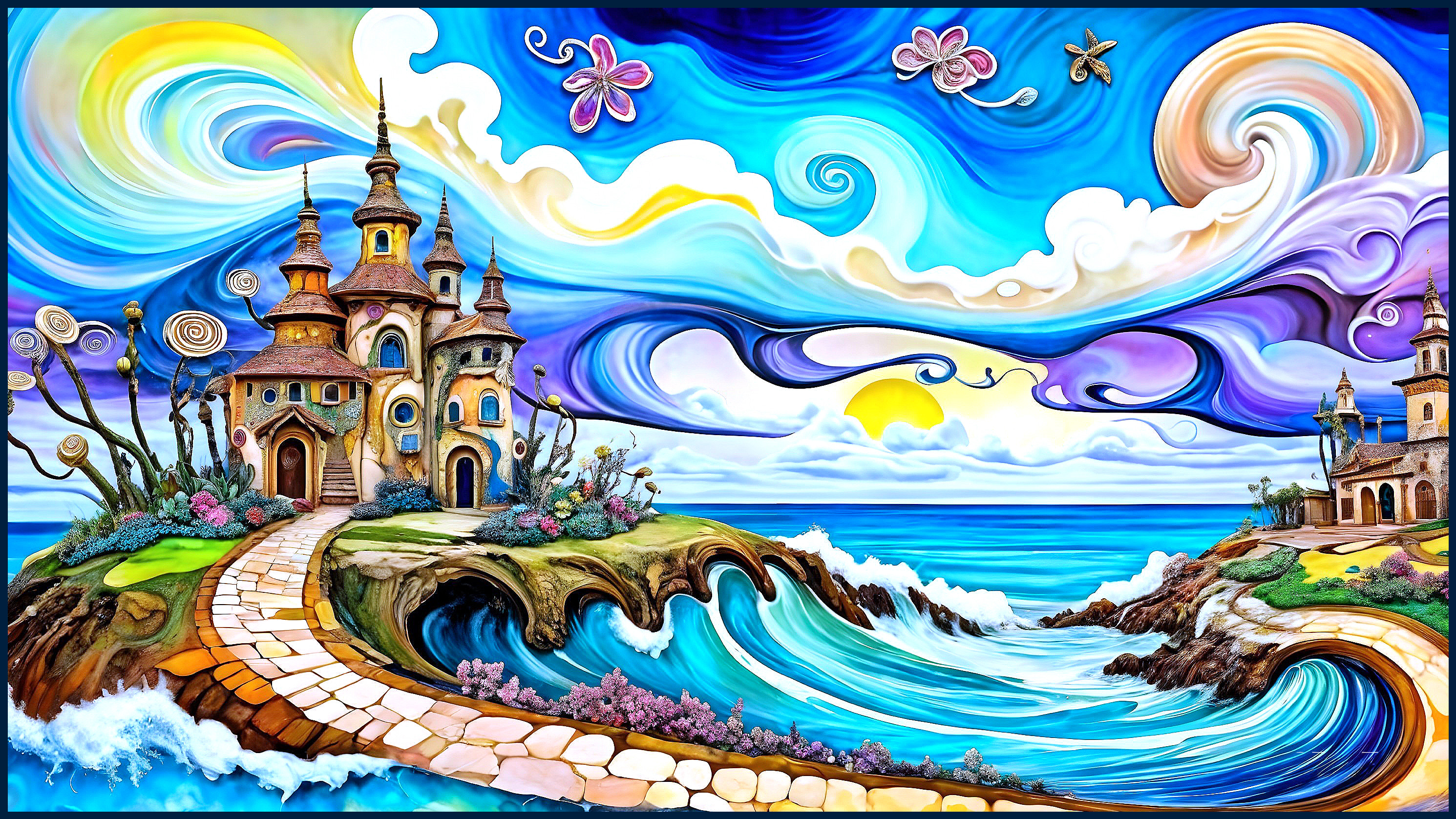 Dreamlike Landscape with Fairy-Tale Castles and Ocean