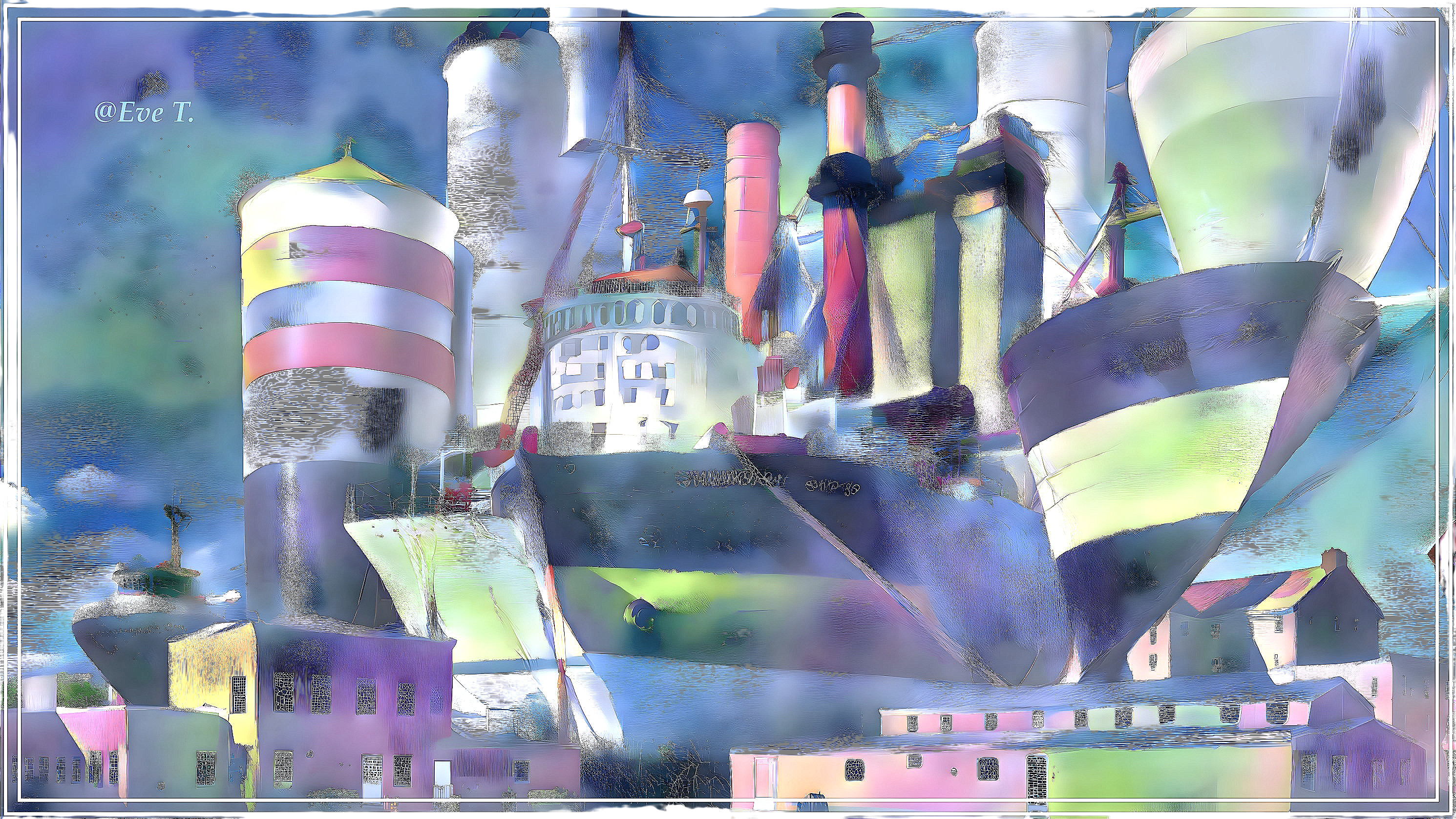 Abstract Harbor Scene with Colorful Ship and Pastels