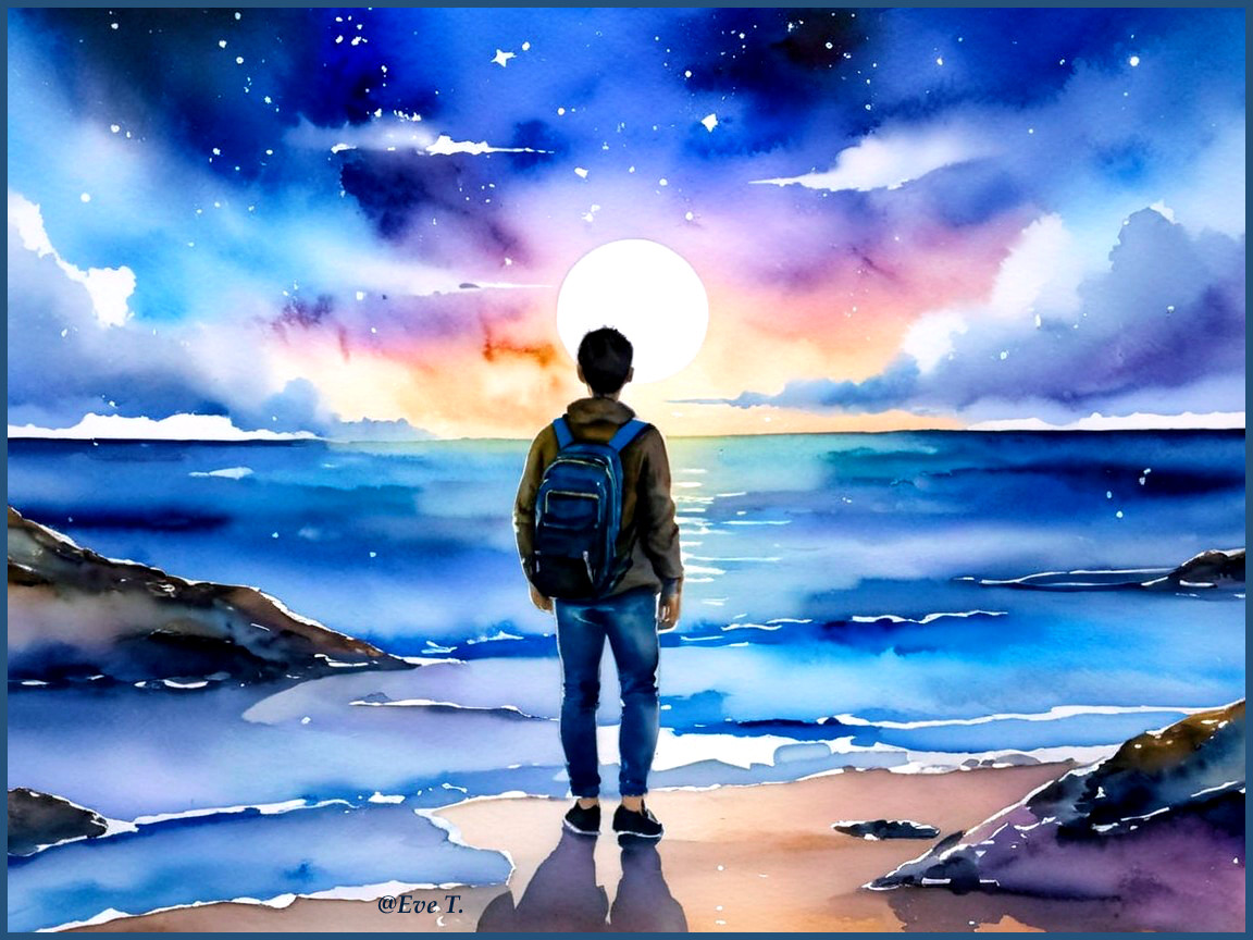 Solitary Figure on Beach at Vibrant Sunset Scene