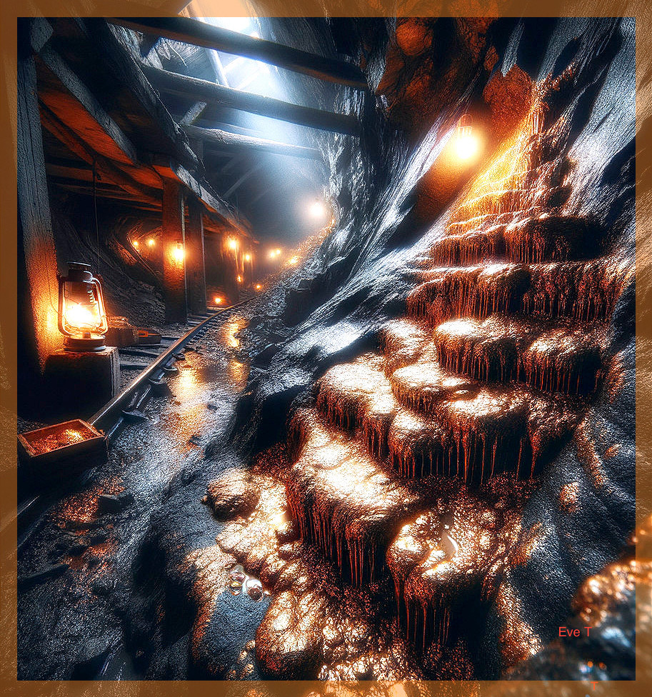 Illuminated Subterranean Scene with Stalactites and Tracks