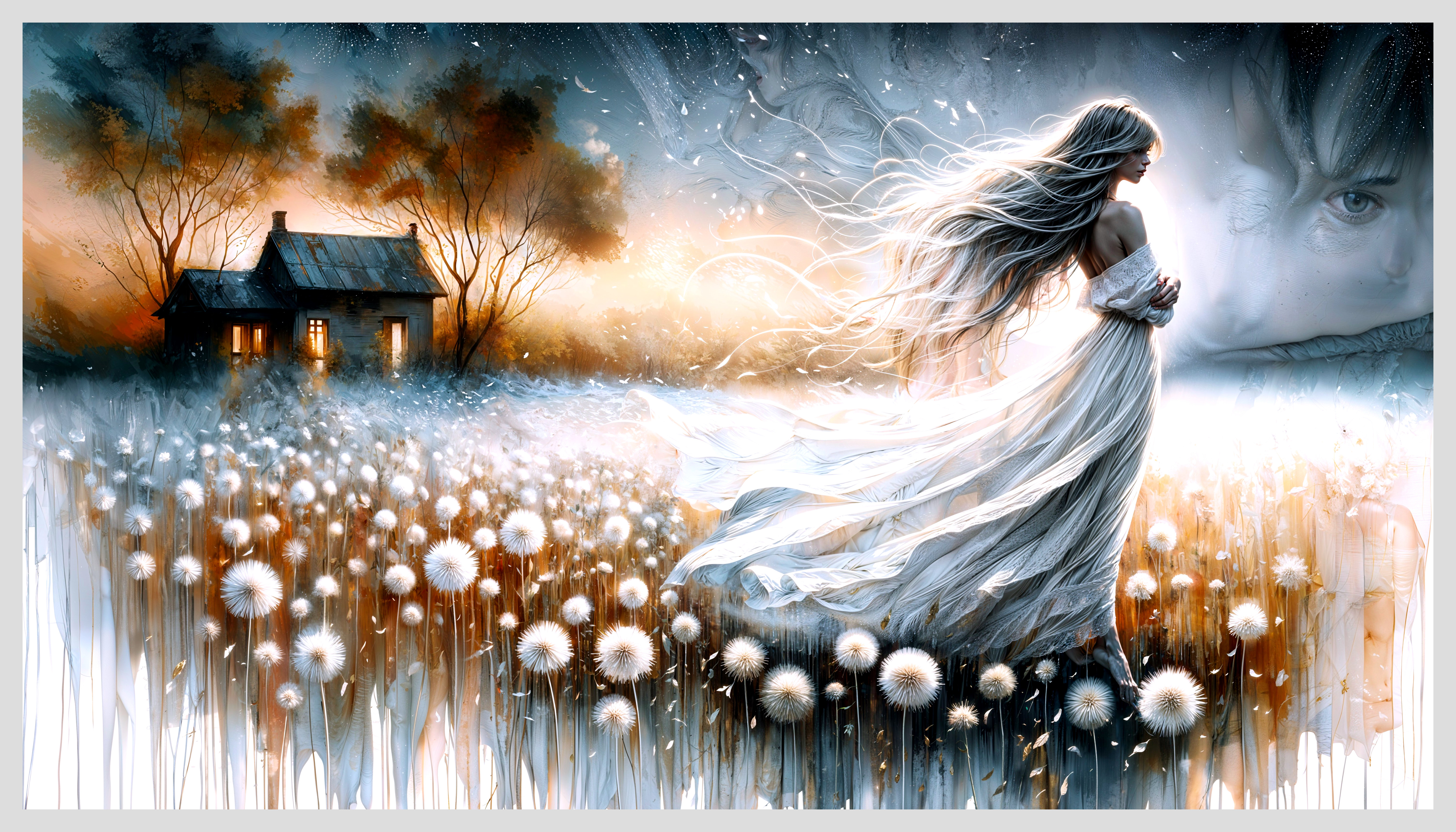 Serene Landscape with Fantasy Elements and Dandelions