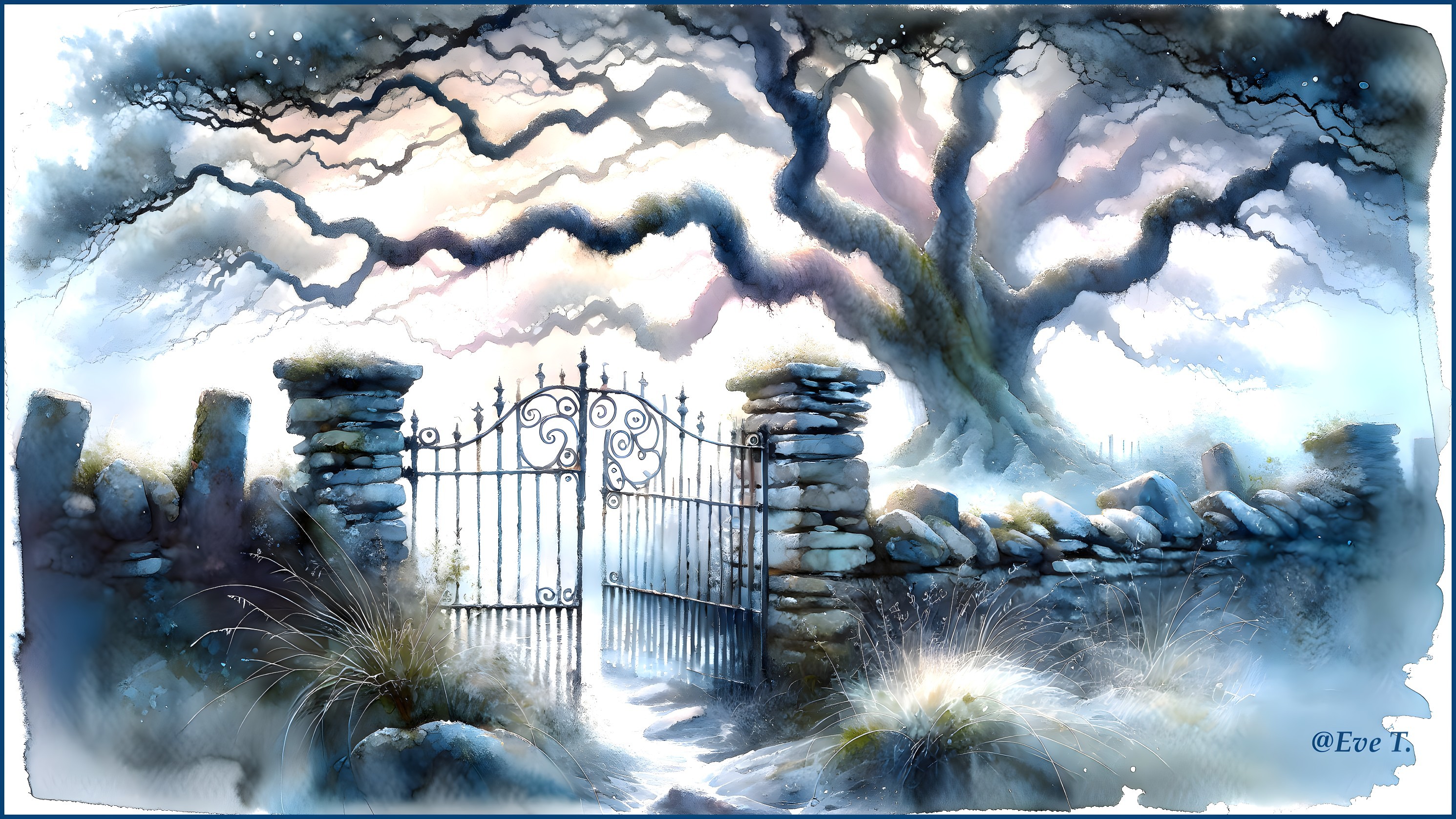 Misty Scene with Ornate Iron Gate and Gnarled Tree