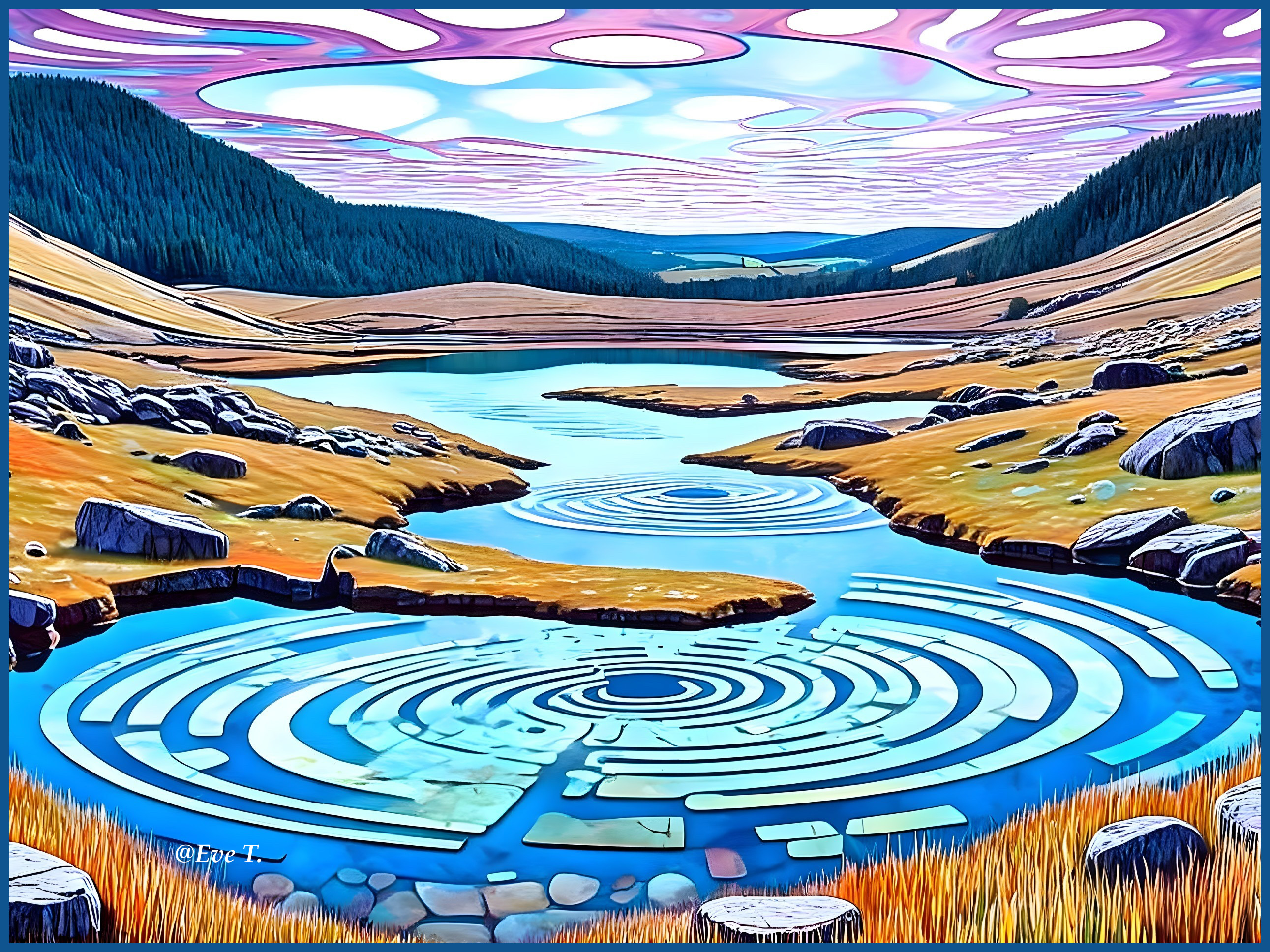 Serene Landscape with River and Rolling Hills