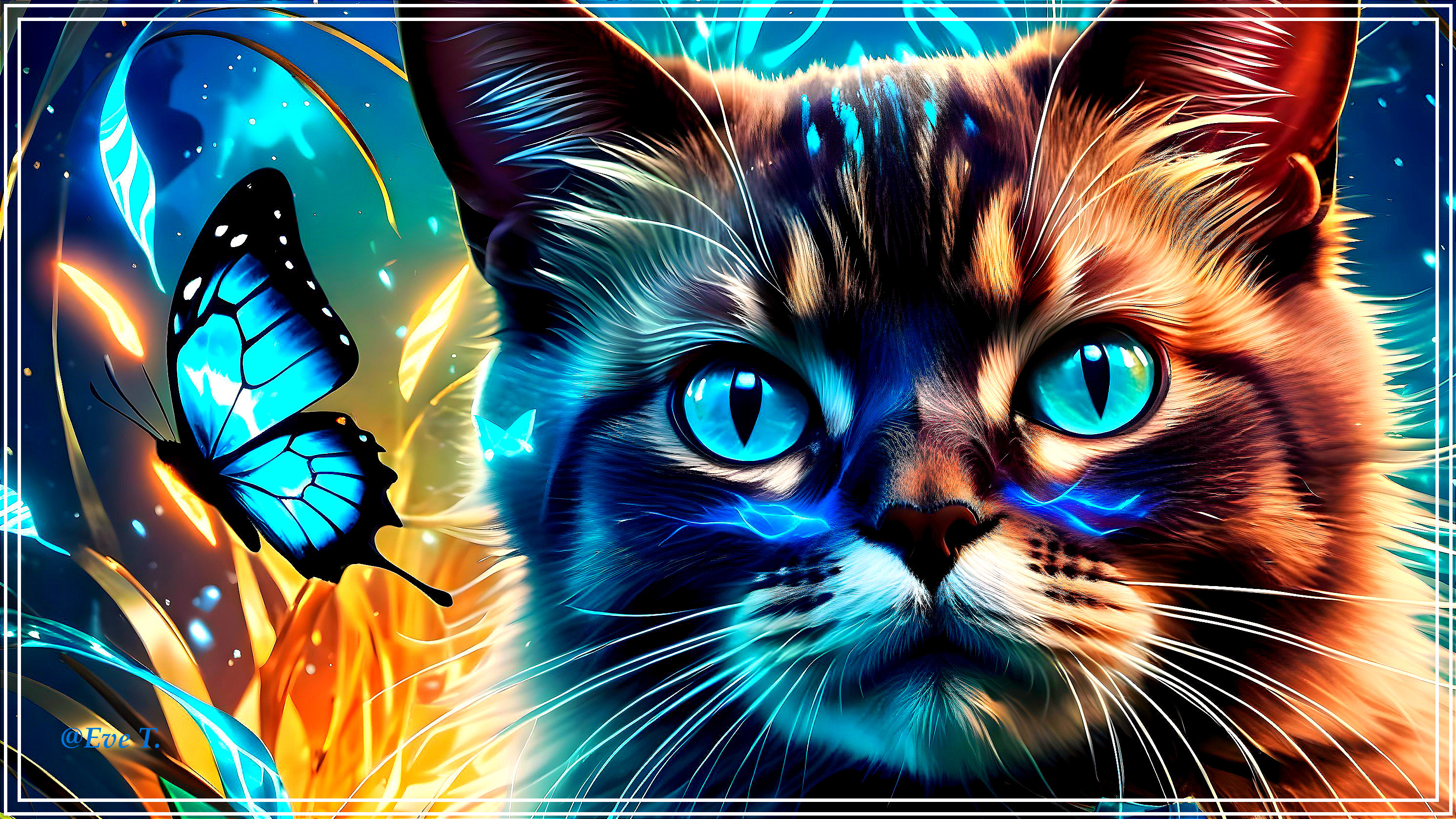 Close-up of a cat with blue eyes and vivid colors