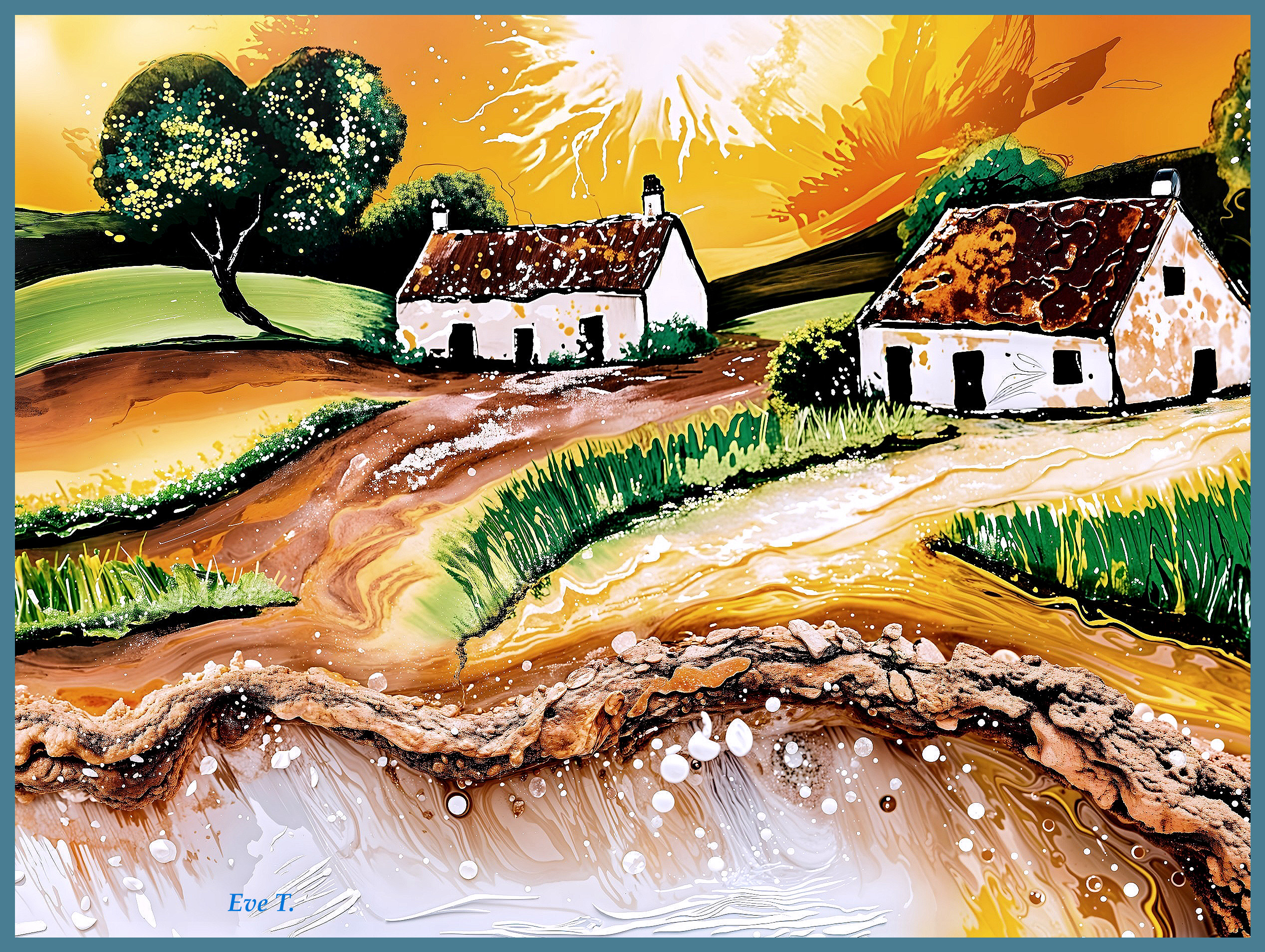 Vibrant Landscape with Cottages and Sunset Glow