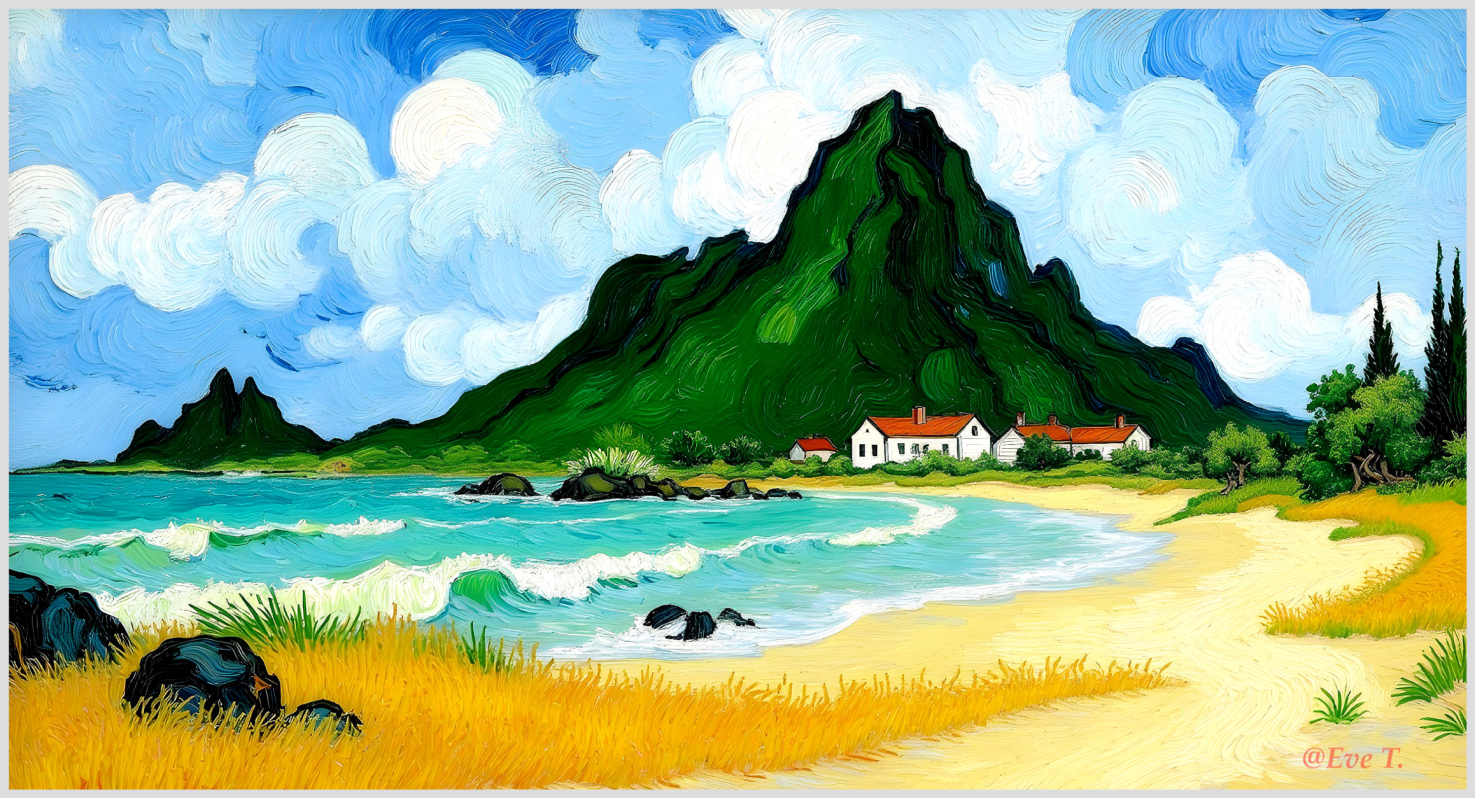 Coastal Scene with Mountain, Beach, and Houses