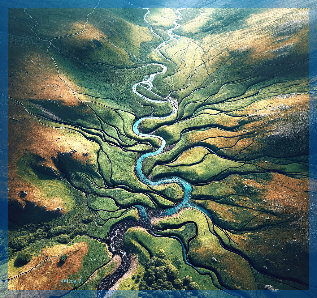 Aerial View of Winding River in Lush Landscape