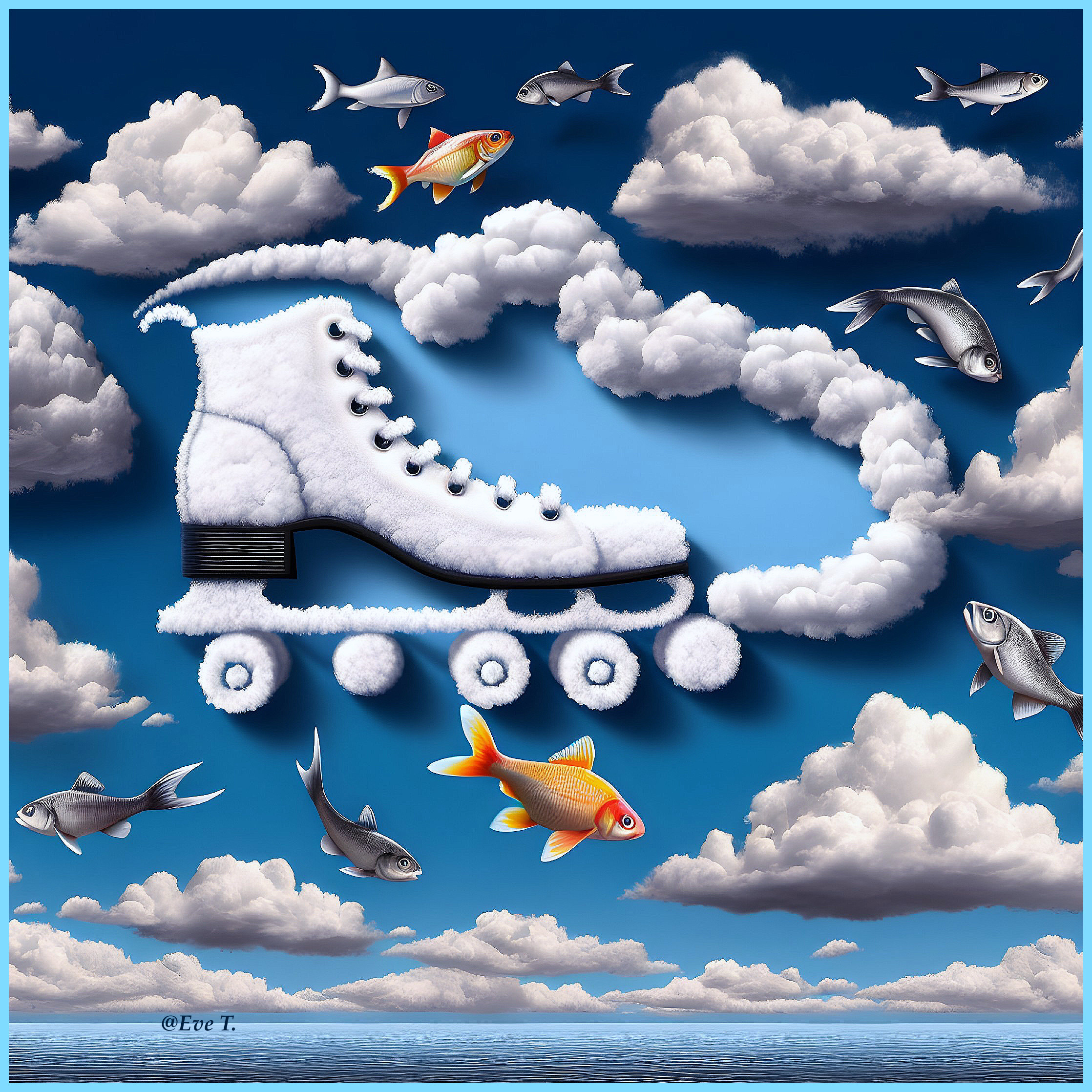 Fluffy Roller Skate in Blue Sky with Fish Clouds
