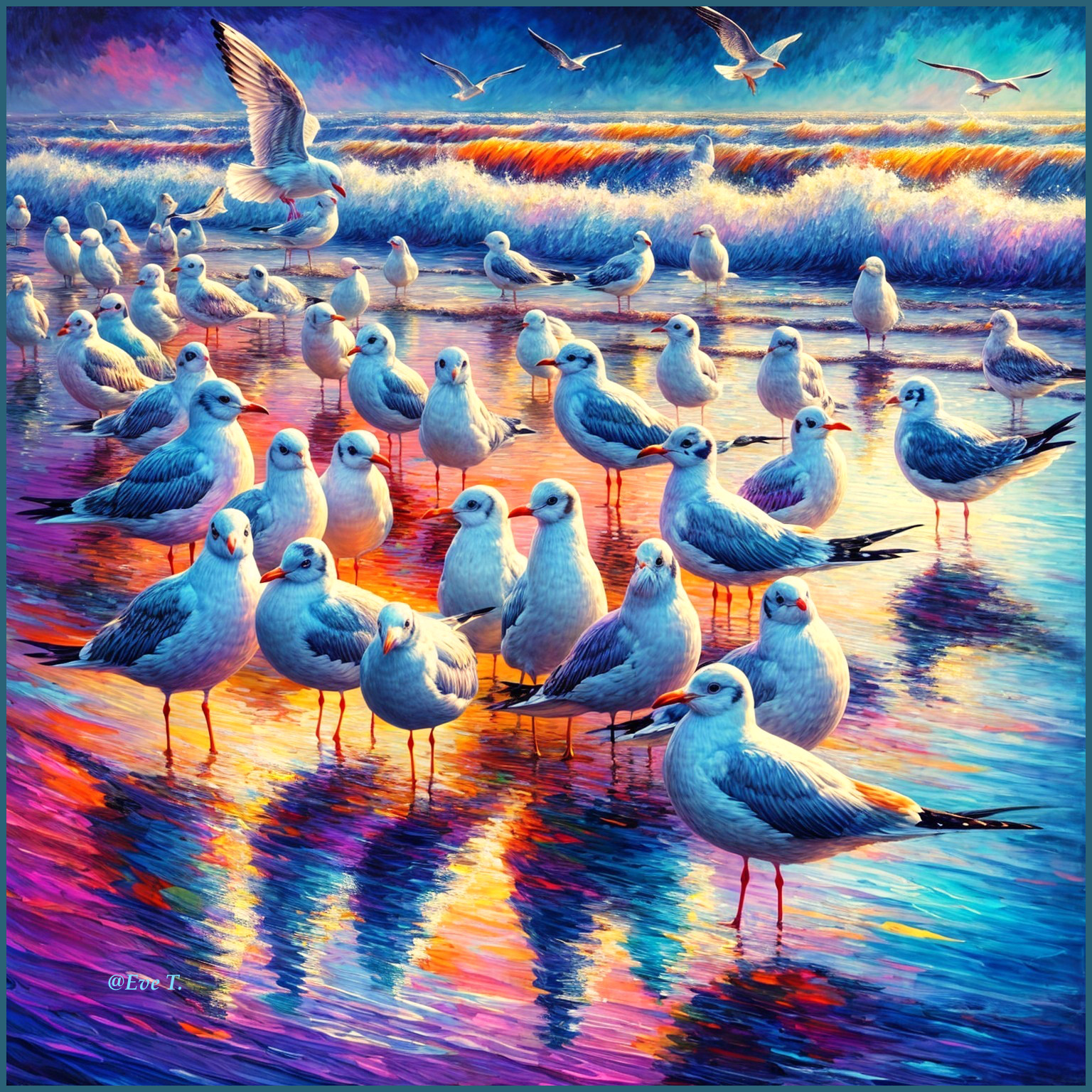 Vibrant Beach Scene with Seagulls and Colorful Sky