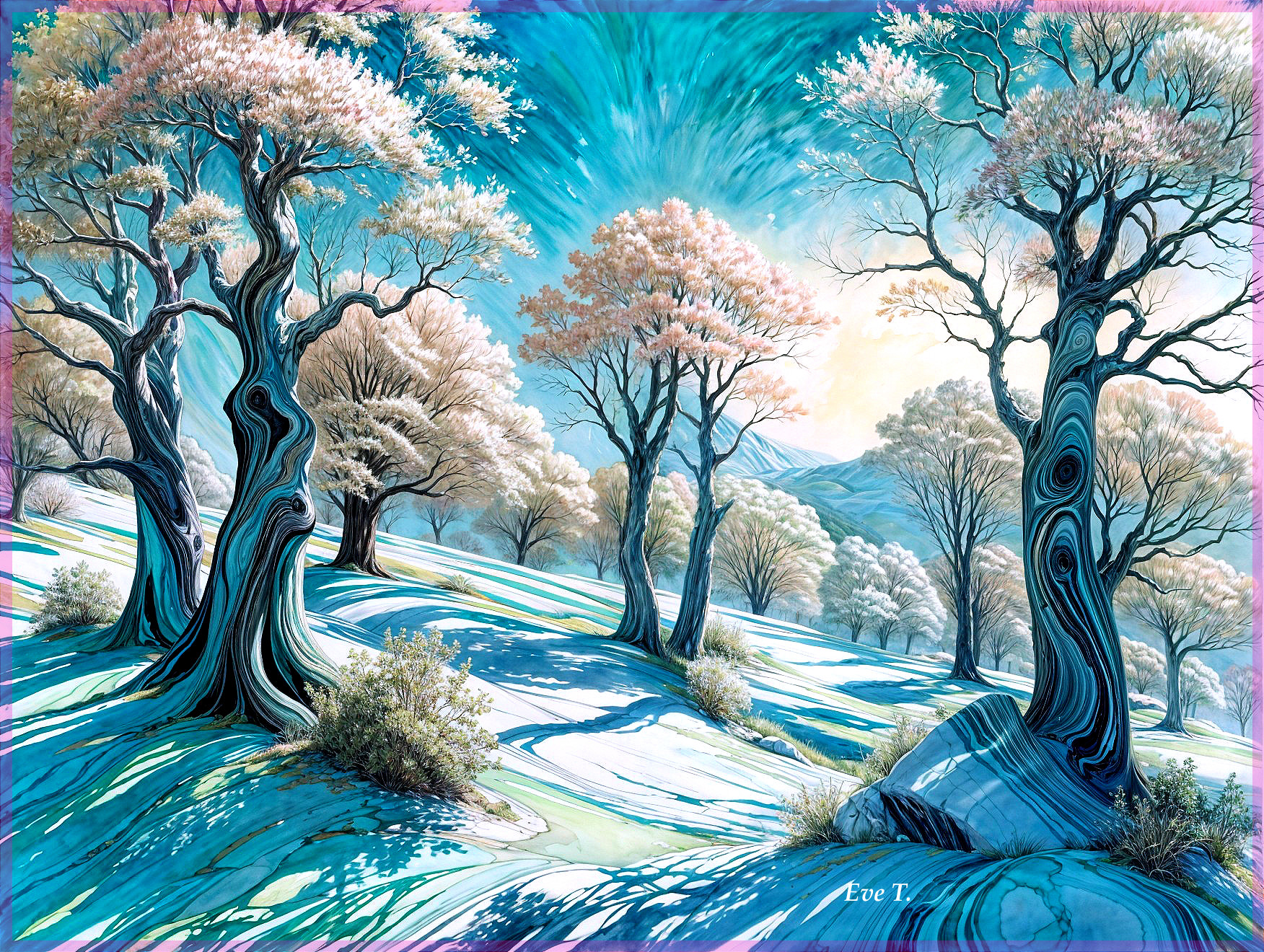 Tranquil landscape with twisted trees and pink foliage