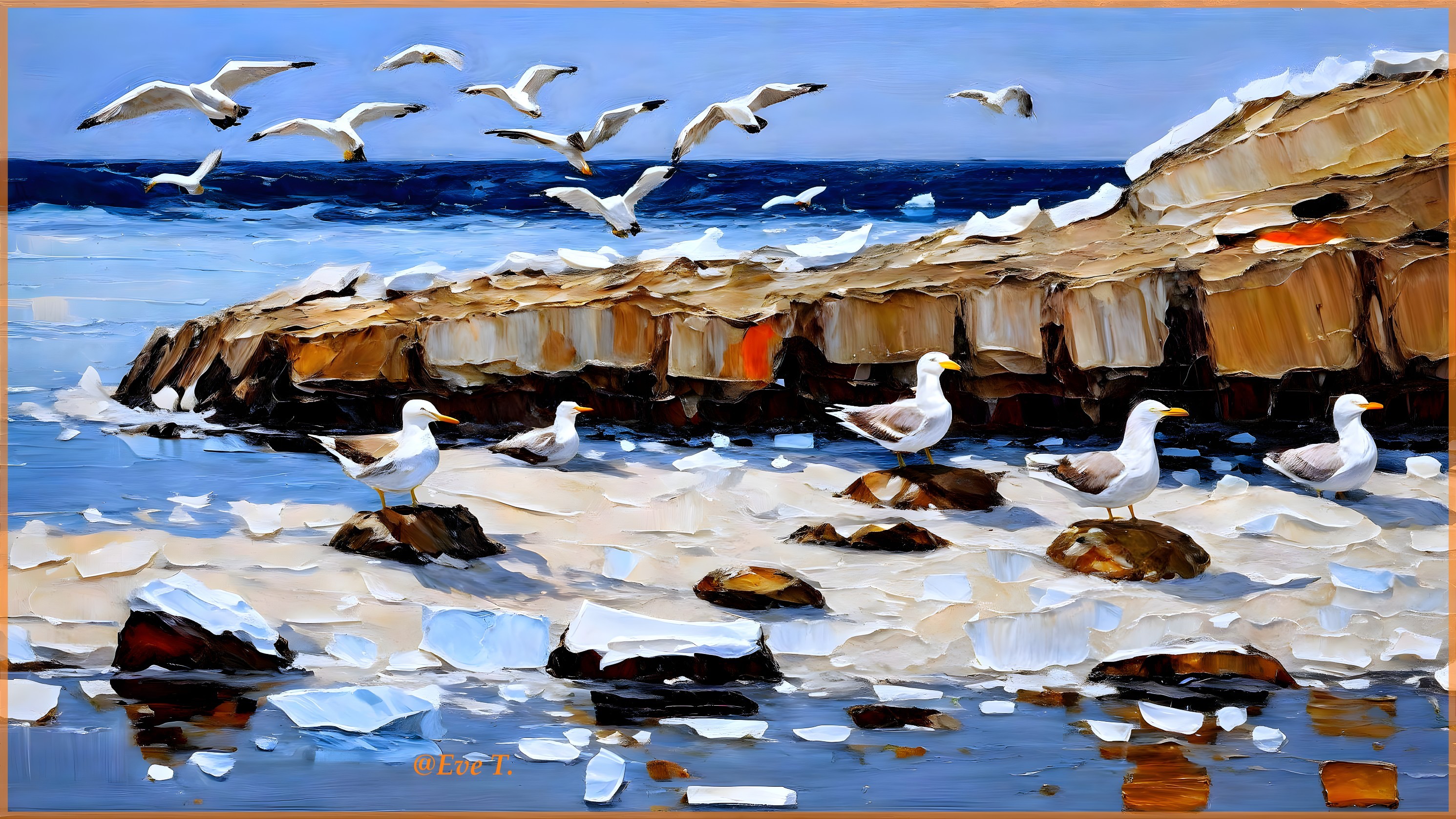 Coastal Scene with Rocky Shoreline and Seagulls