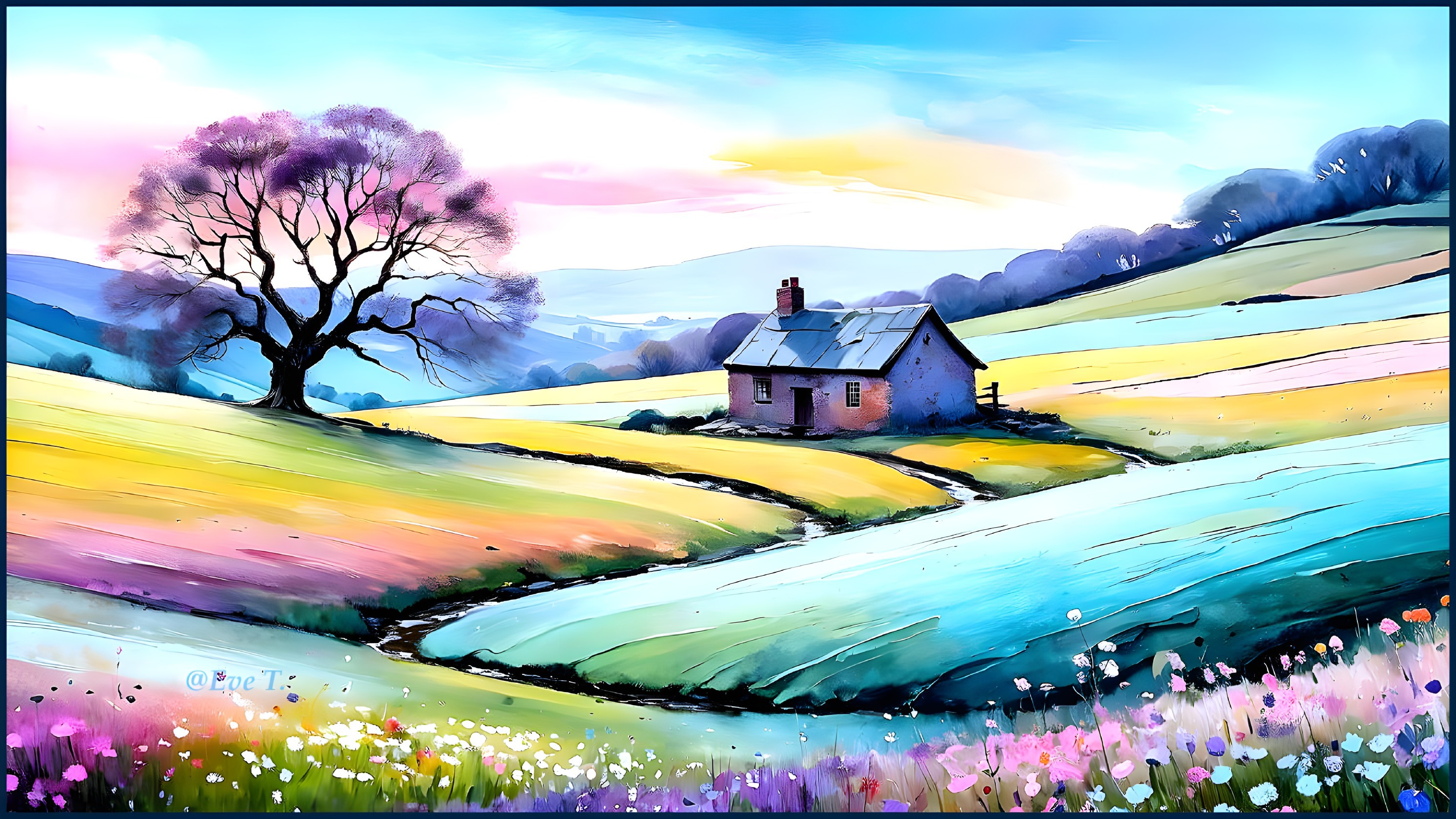 Dreamy Landscape with Cottage and Colorful Fields