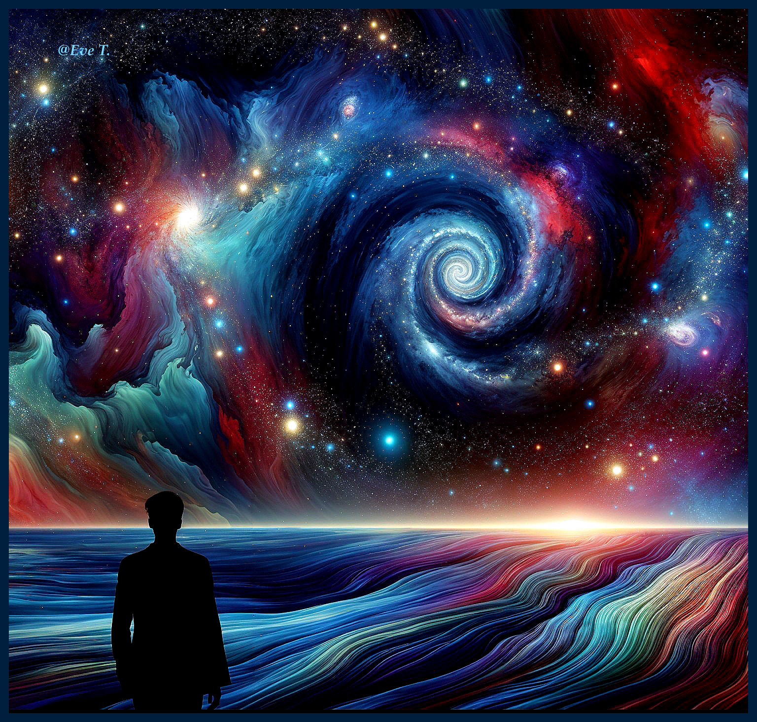 Silhouette by Ocean with Vibrant Cosmic Scene