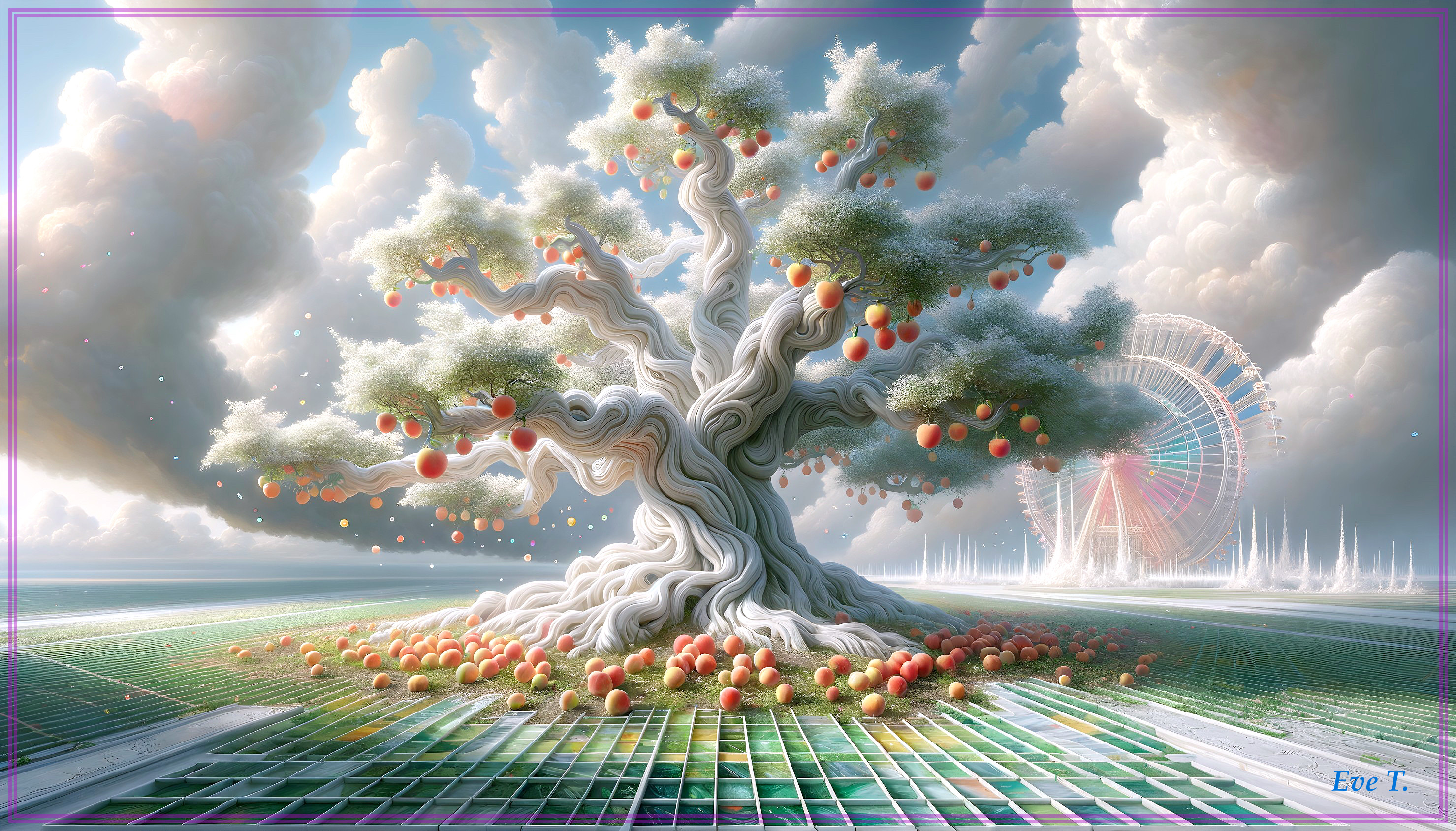 Surreal tree with orange fruits in dreamy landscape
