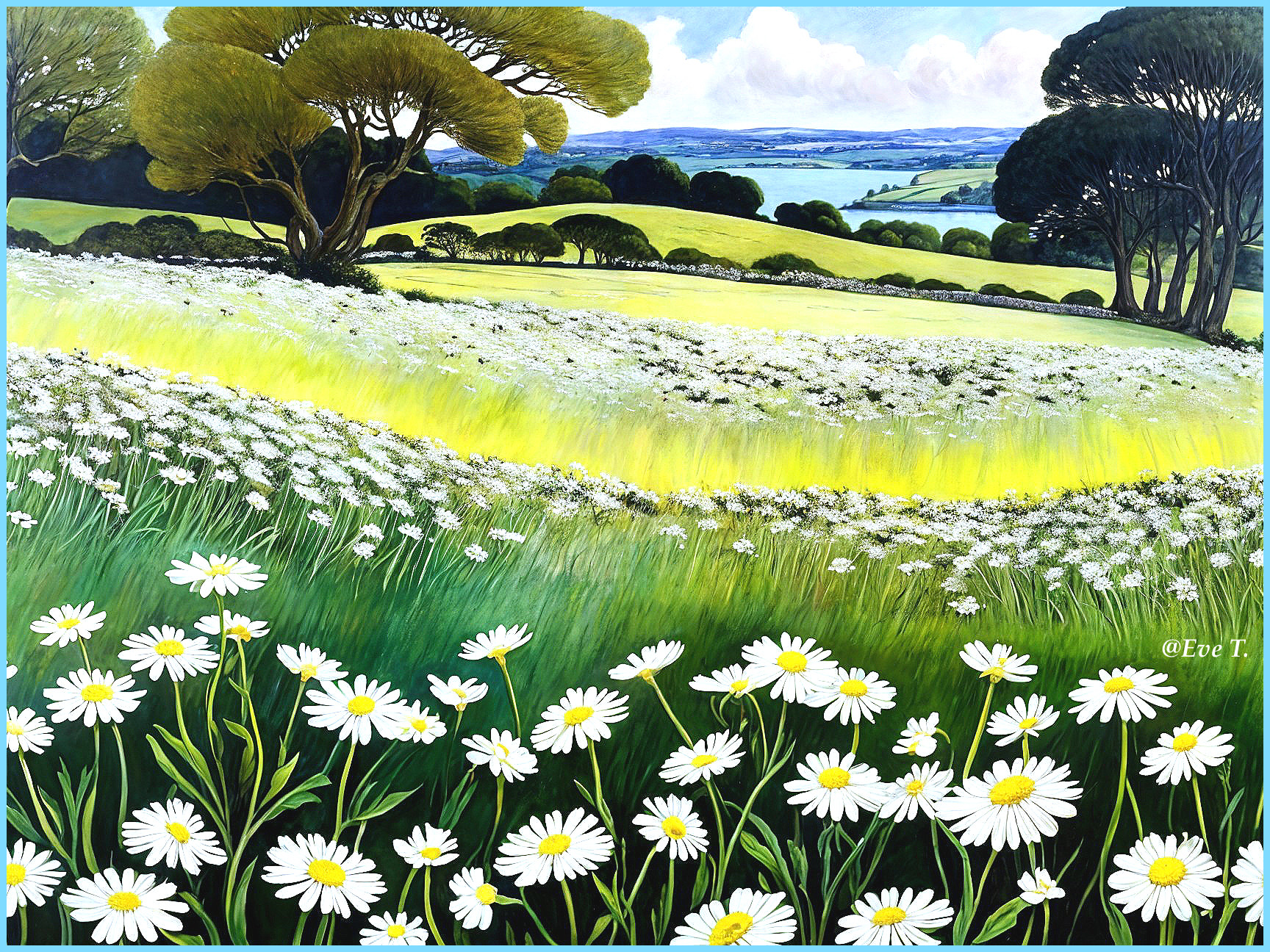 Vibrant Landscape of Blooming Daisies and Hills