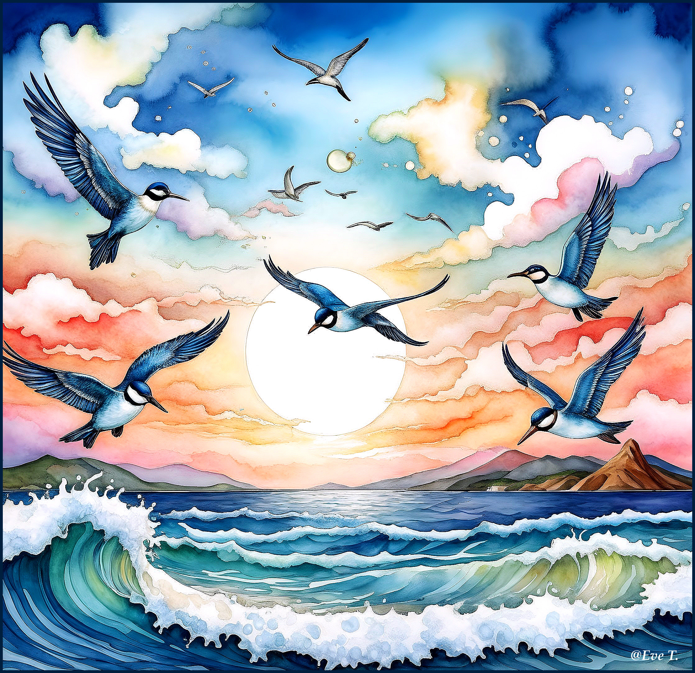 Vibrant Coastal Scene with Sunset and Soaring Birds