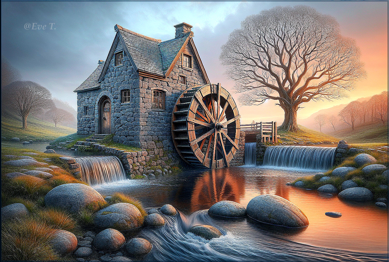 Charming Cottage with Waterwheel in Scenic Landscape