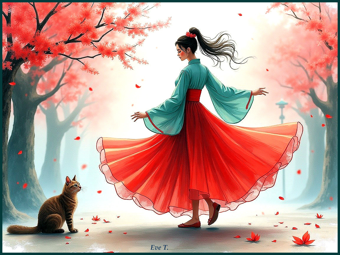 Woman in Red and Teal Dress Dancing Among Autumn Leaves