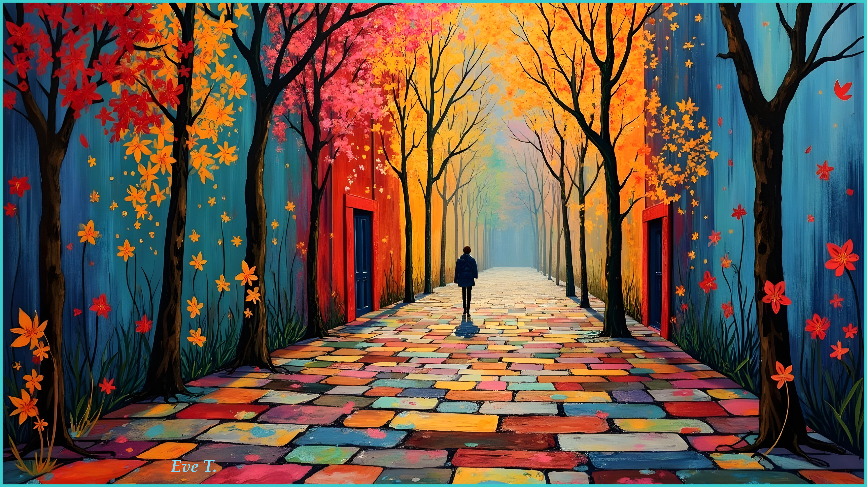 Colorful Pathway Through a Vibrant Forest Scene
