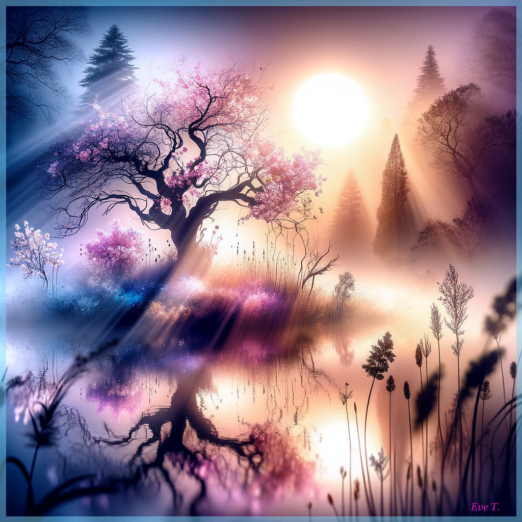 Serene Landscape with Ethereal Light and Blooming Trees