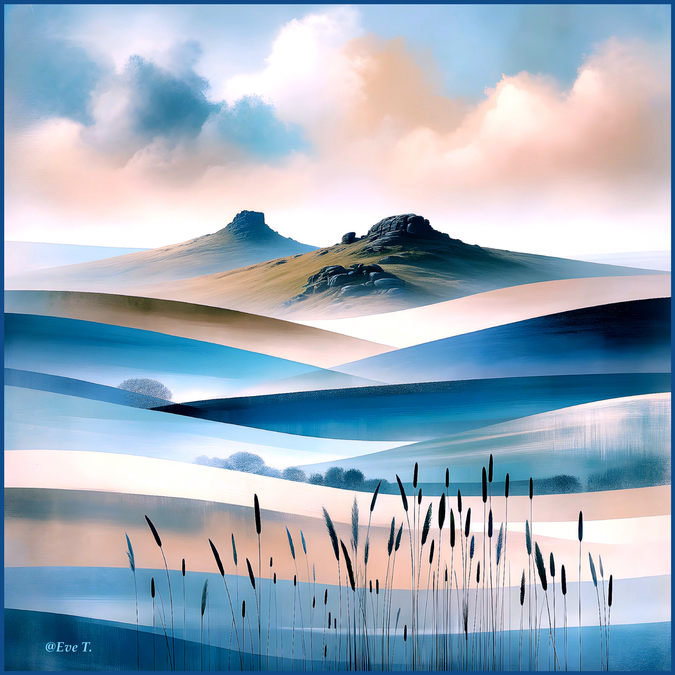 Serene Landscape with Rolling Hills and Rocky Formations