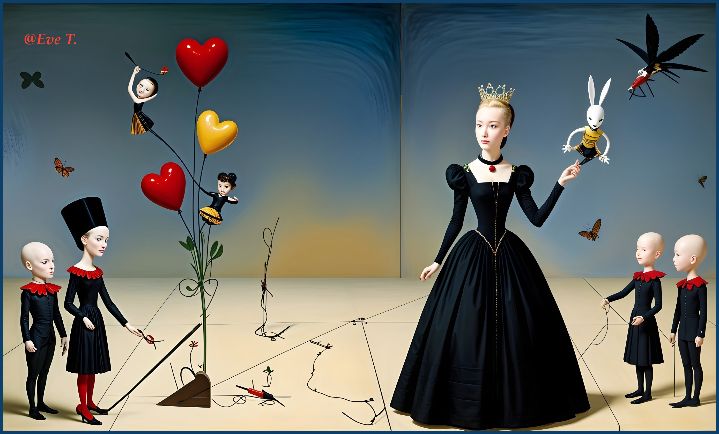 Regal Figure in Black Gown Surrounded by Whimsical Elements
