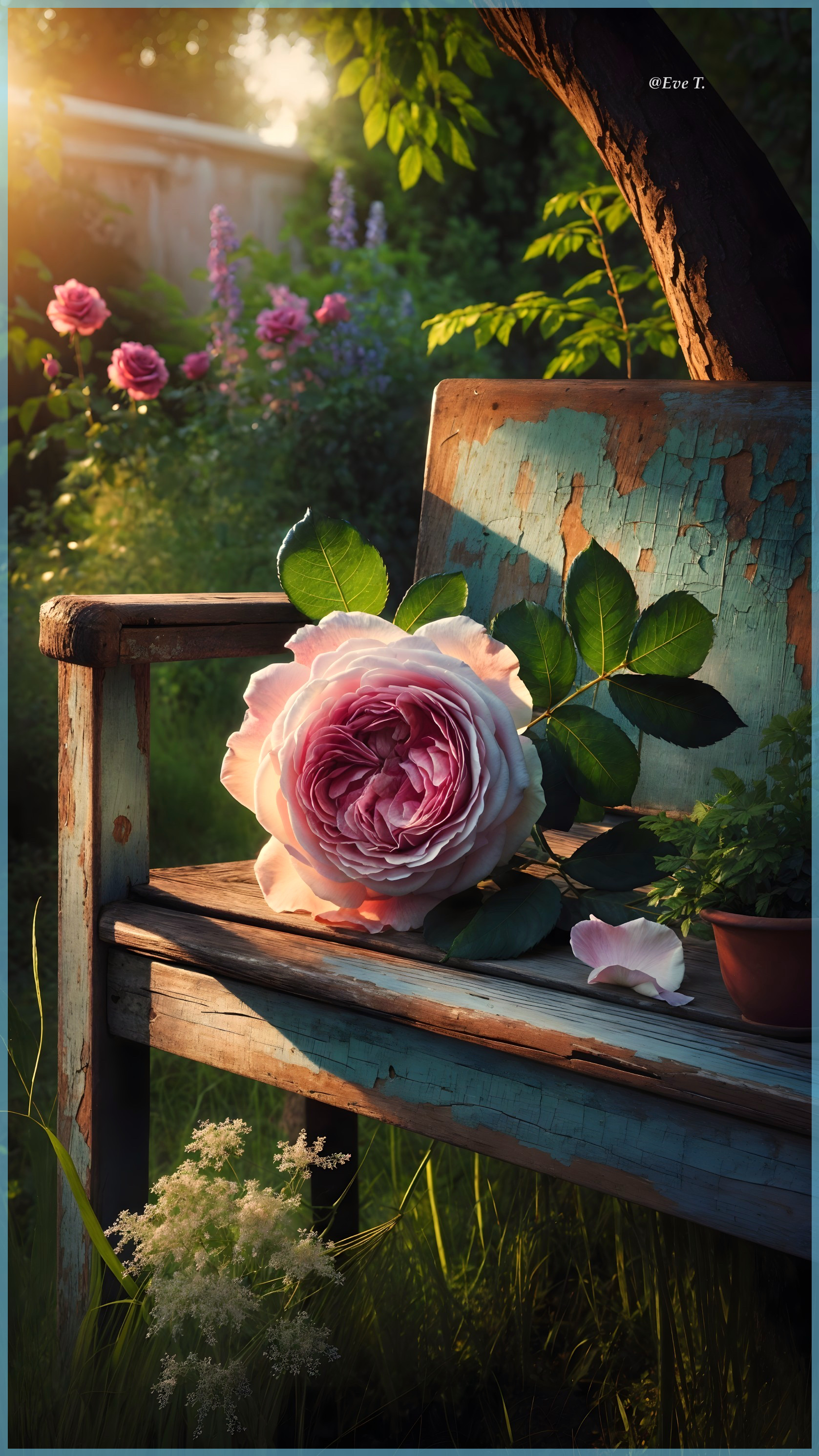 Weathered Blue Bench Surrounded by Vibrant Blooms