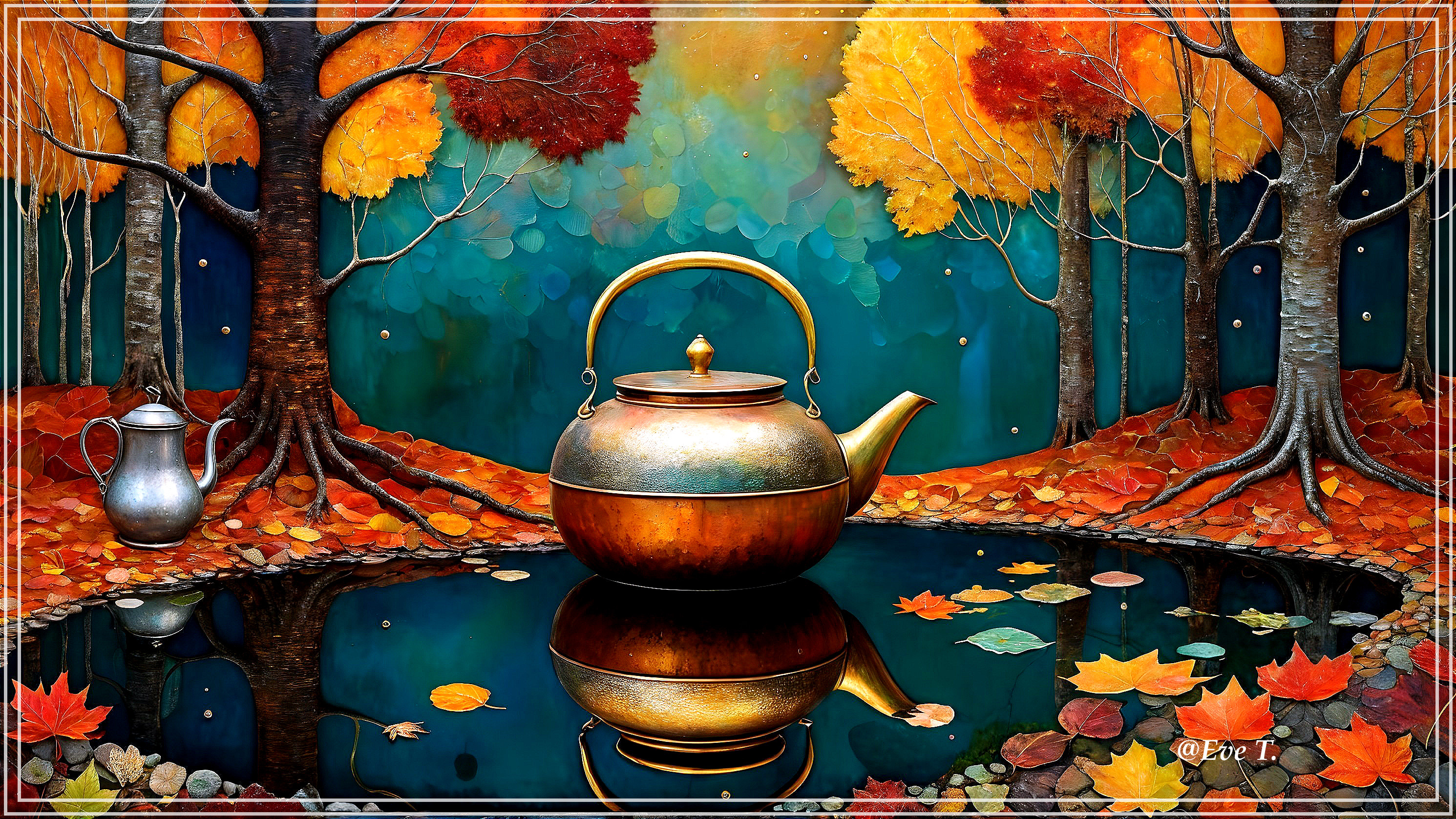 Autumn Scene with Bronze Kettle and Colorful Foliage