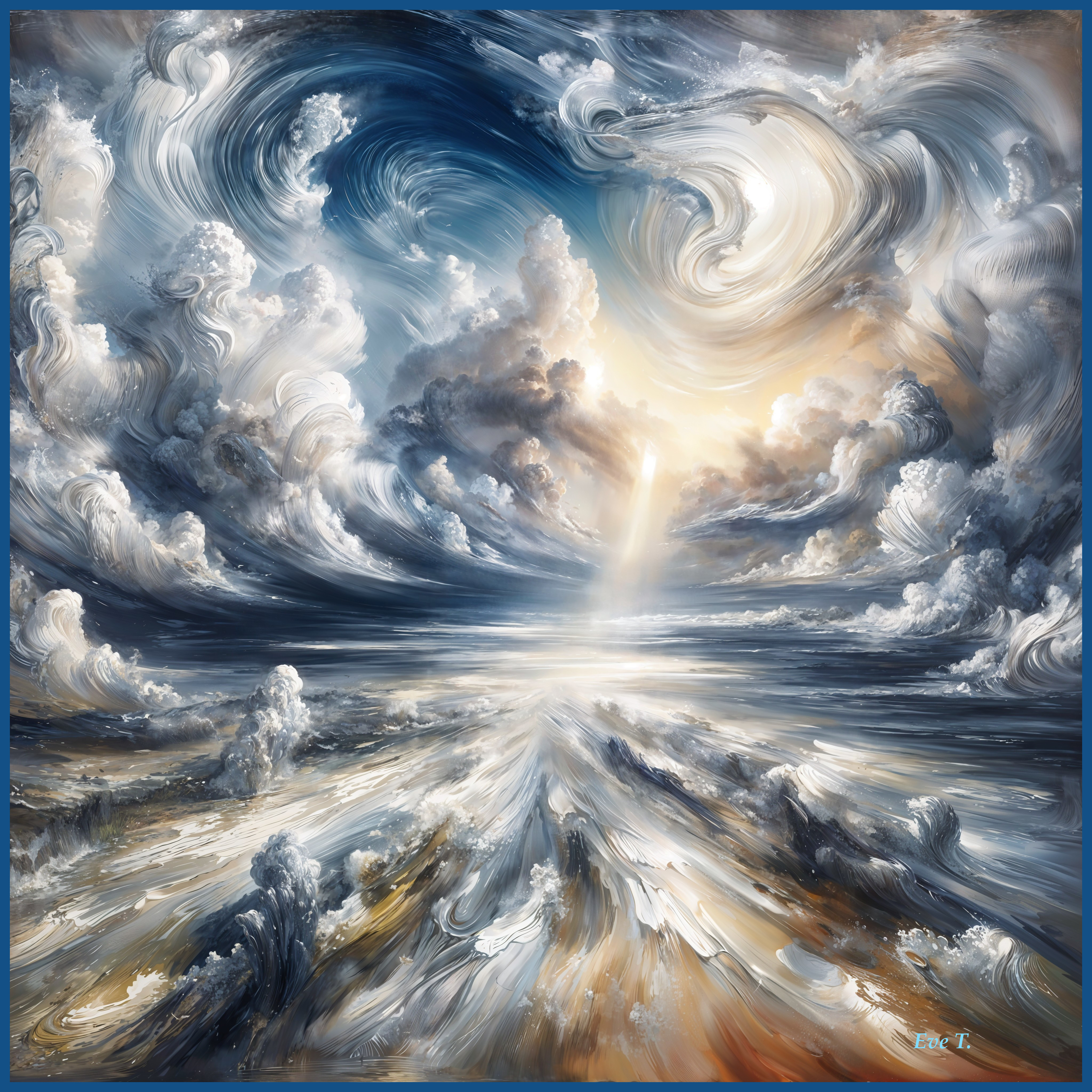 Swirling Blue and White Clouds Illuminated by Sunlight