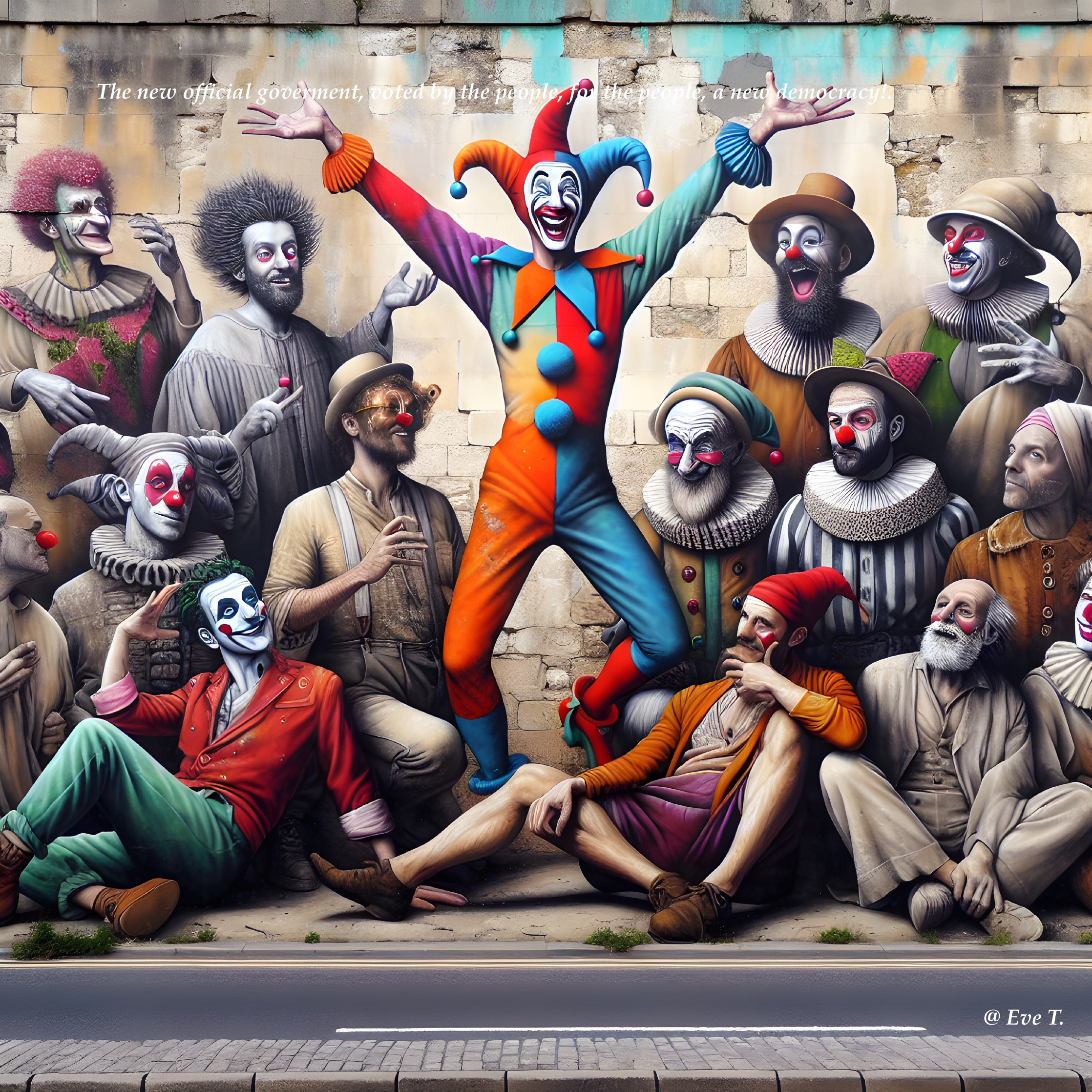 Colorful Mural of Clowns in Playful Scene