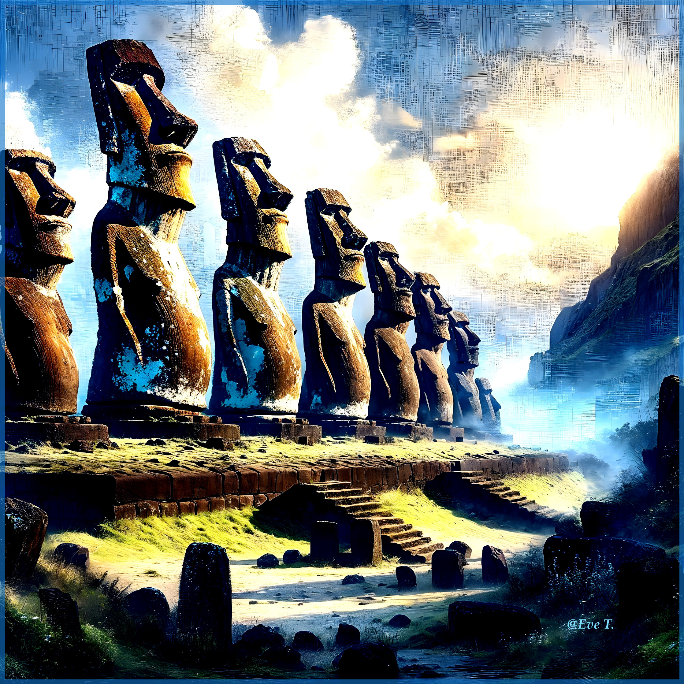 Moai Statues in Serene Easter Island Landscape