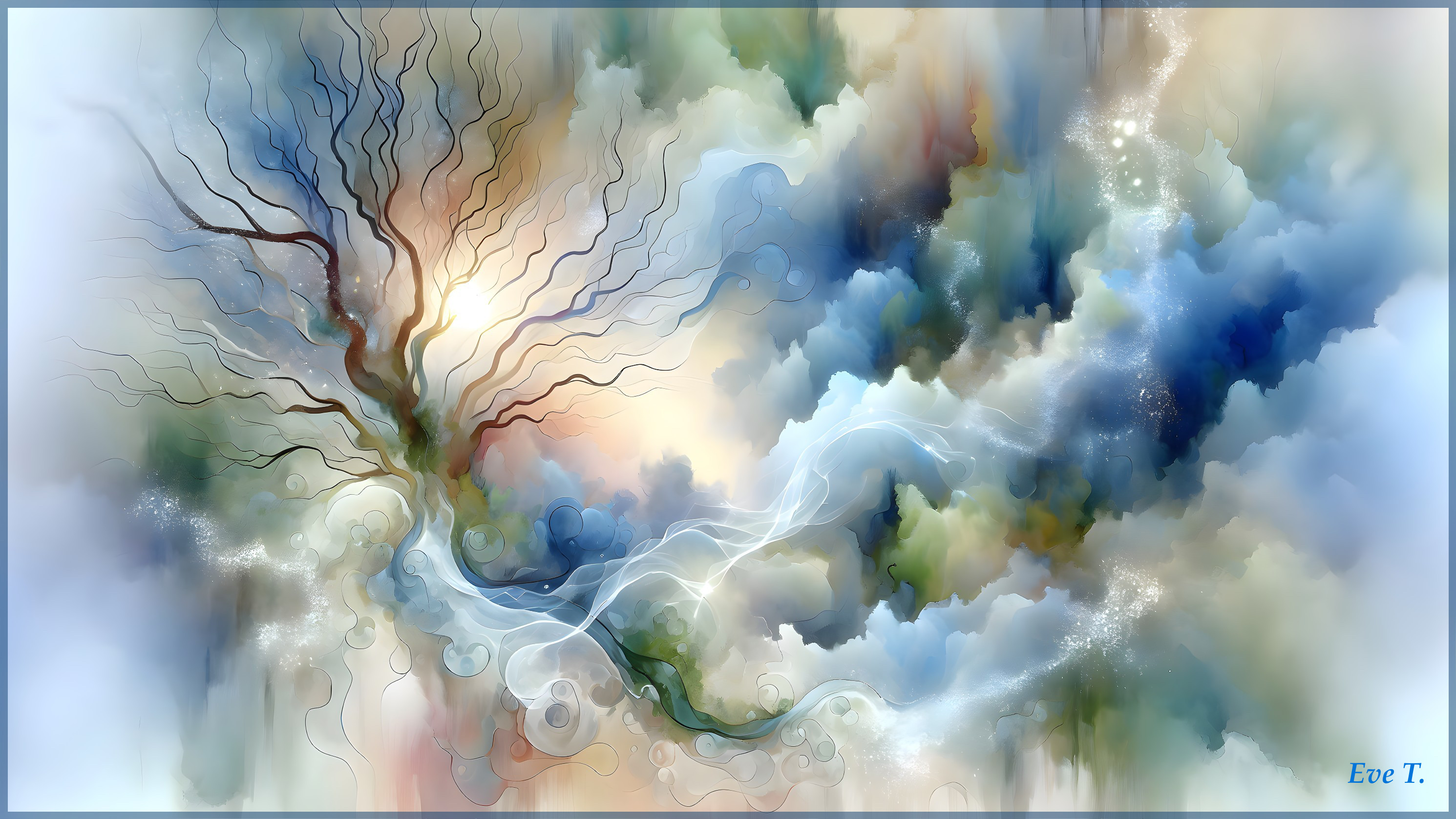 Ethereal Artwork with Swirling Clouds and Branches