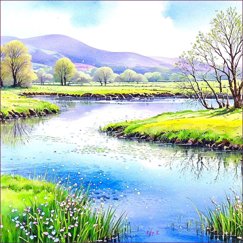 Tranquil River in Lush Green Meadows Landscape