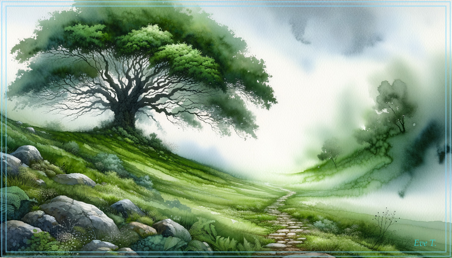 Serene Landscape with Majestic Tree and Misty Path