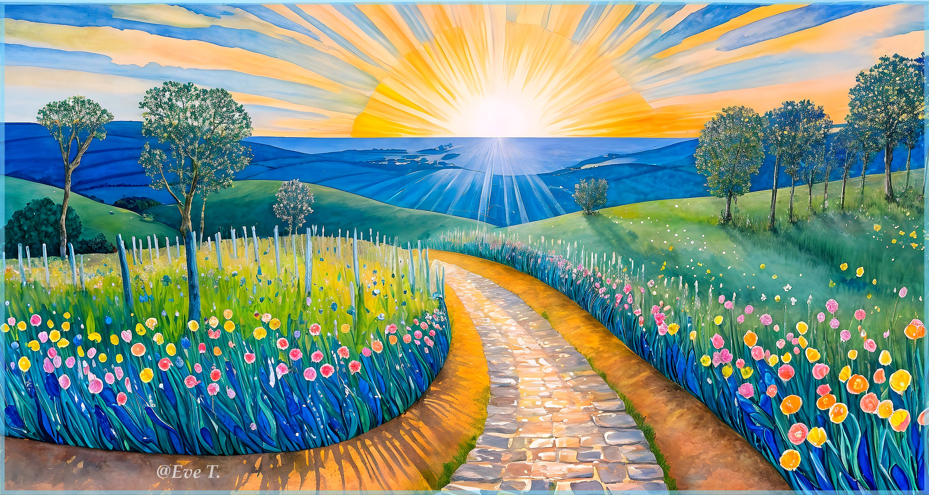 Vibrant Landscape with Winding Path and Blooming Flowers