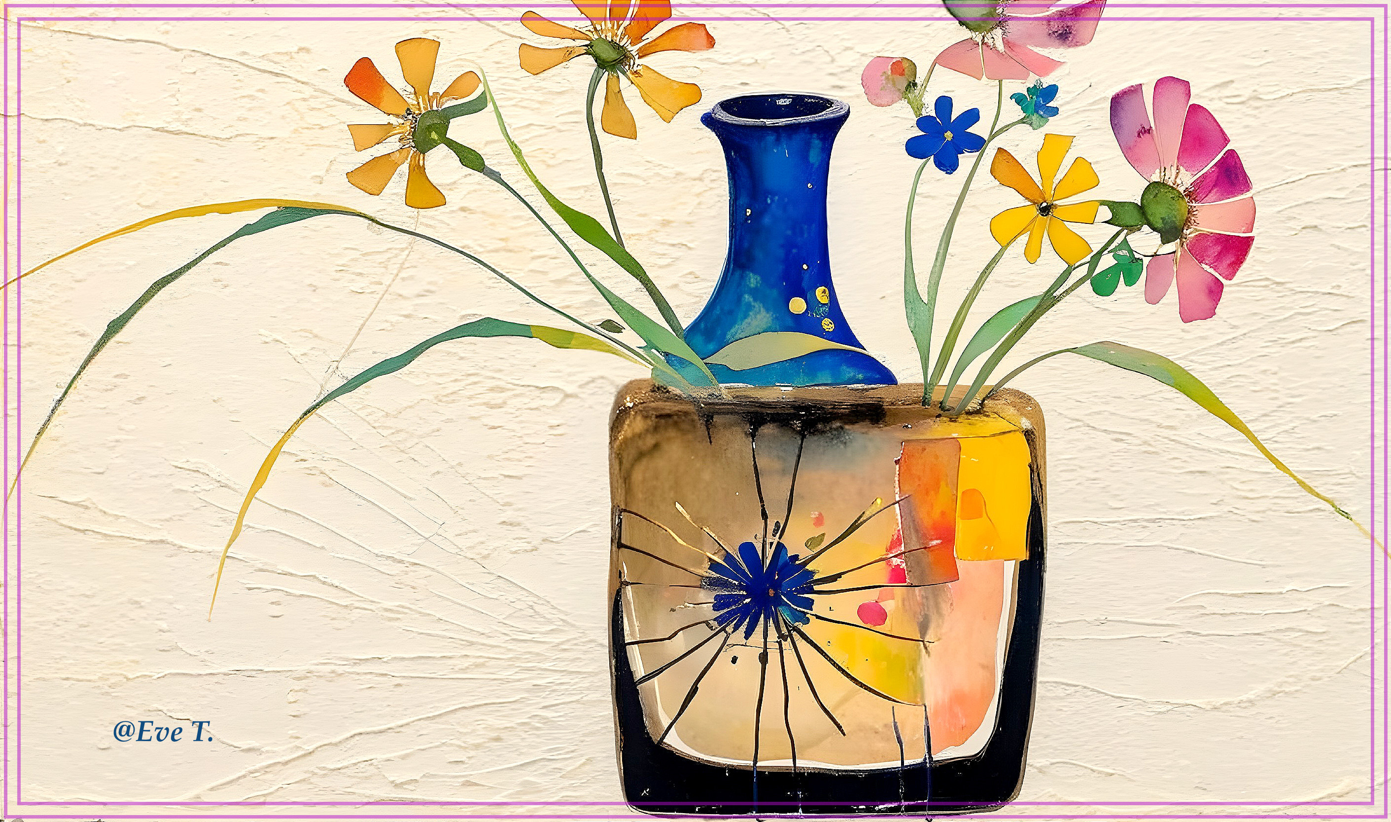Vibrant Still Life with Blue Vase and Colorful Flowers