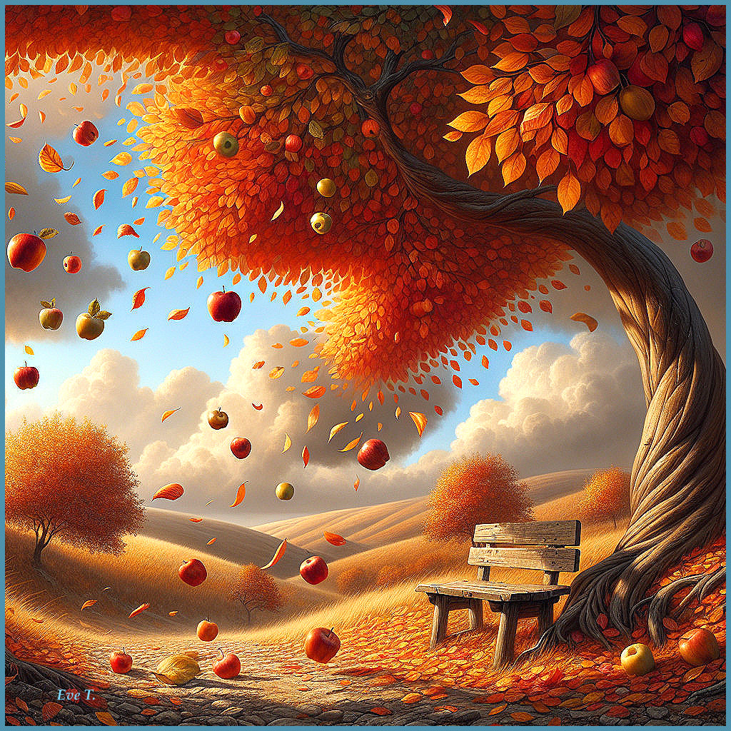 Vibrant Autumn Scene with Tree and Rustic Bench