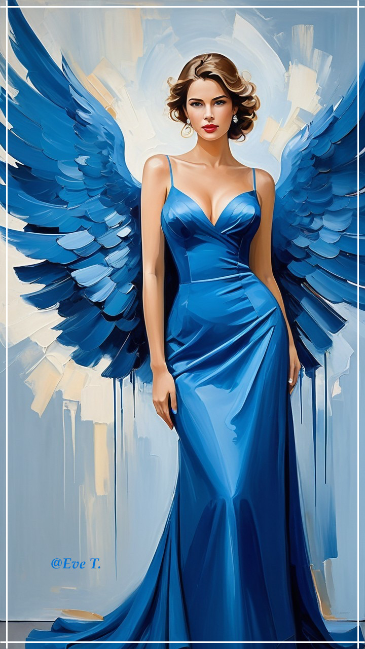 Elegant Woman in Blue Gown with Majestic Wings
