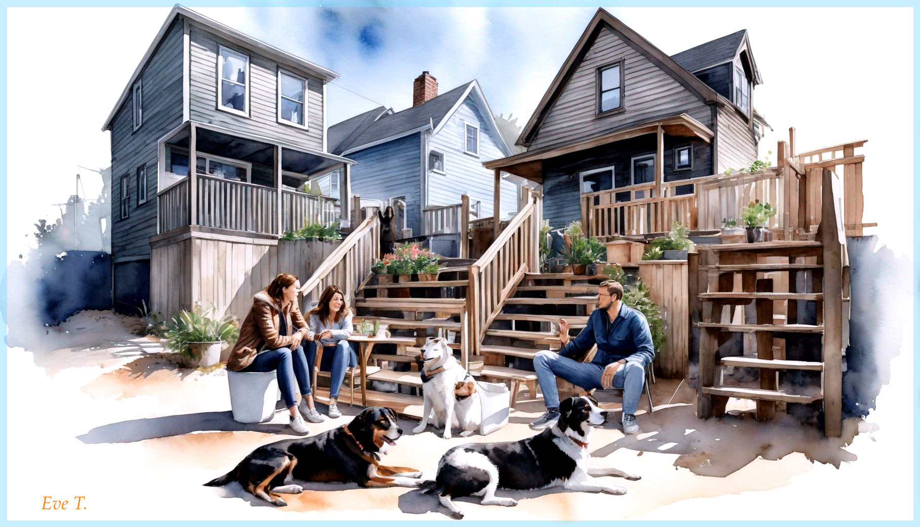 Cozy Neighborhood Scene with Family and Dogs