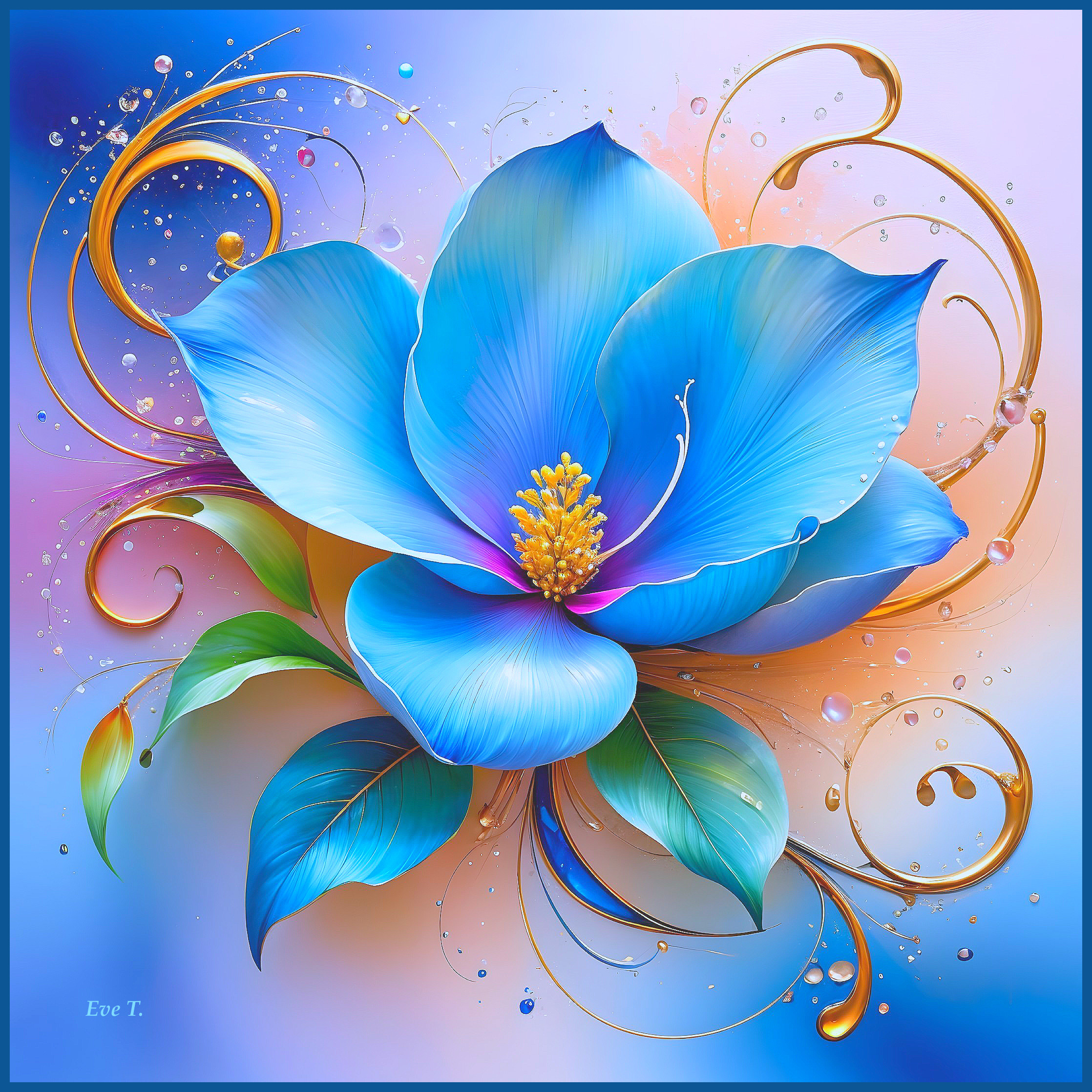 Blue Flower with Gradient Petals and Golden Accents