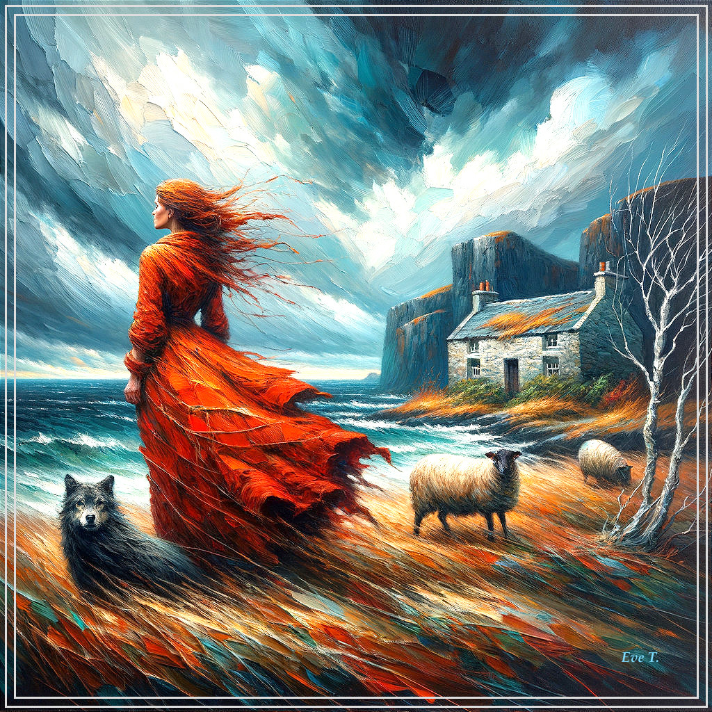 Vibrant Landscape with Woman in Red Dress by Shore