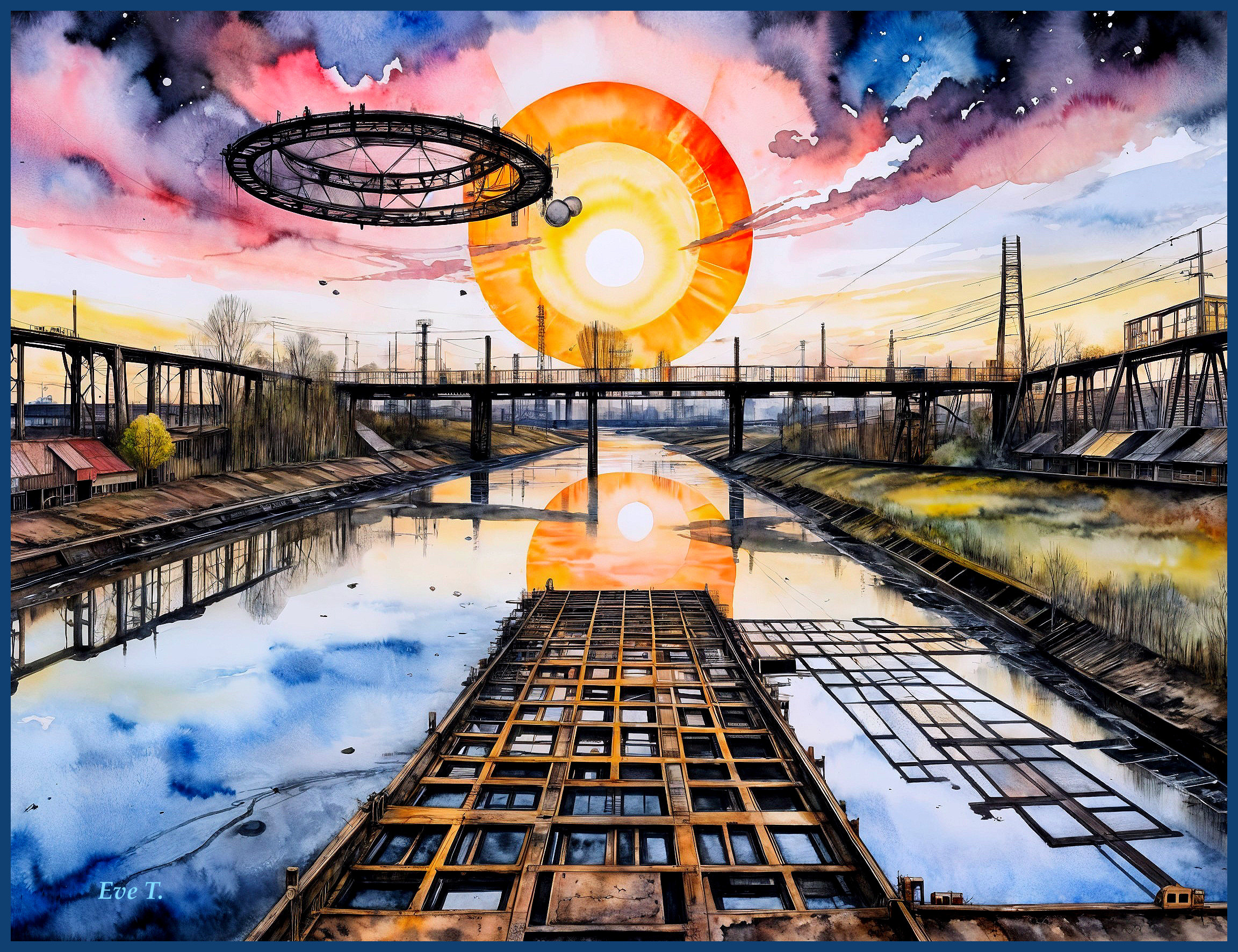 Surreal Landscape with River and Celestial Elements