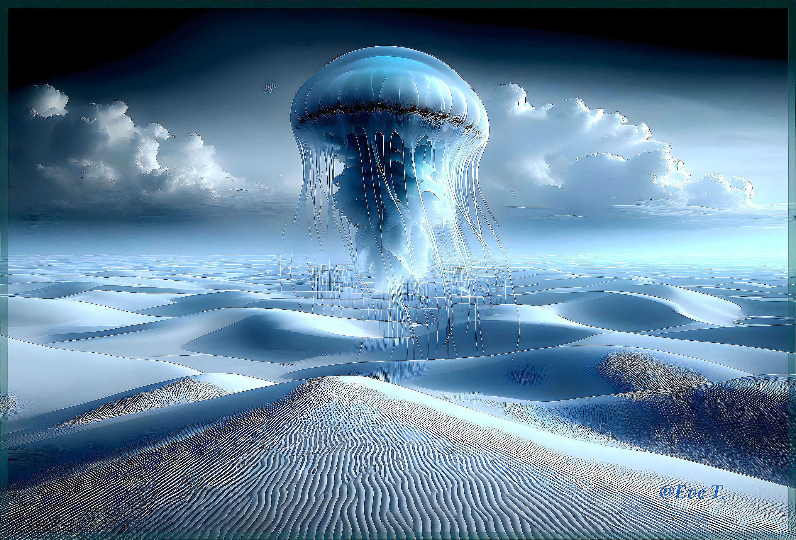 Surreal Landscape with Jellyfish and Sand Dunes